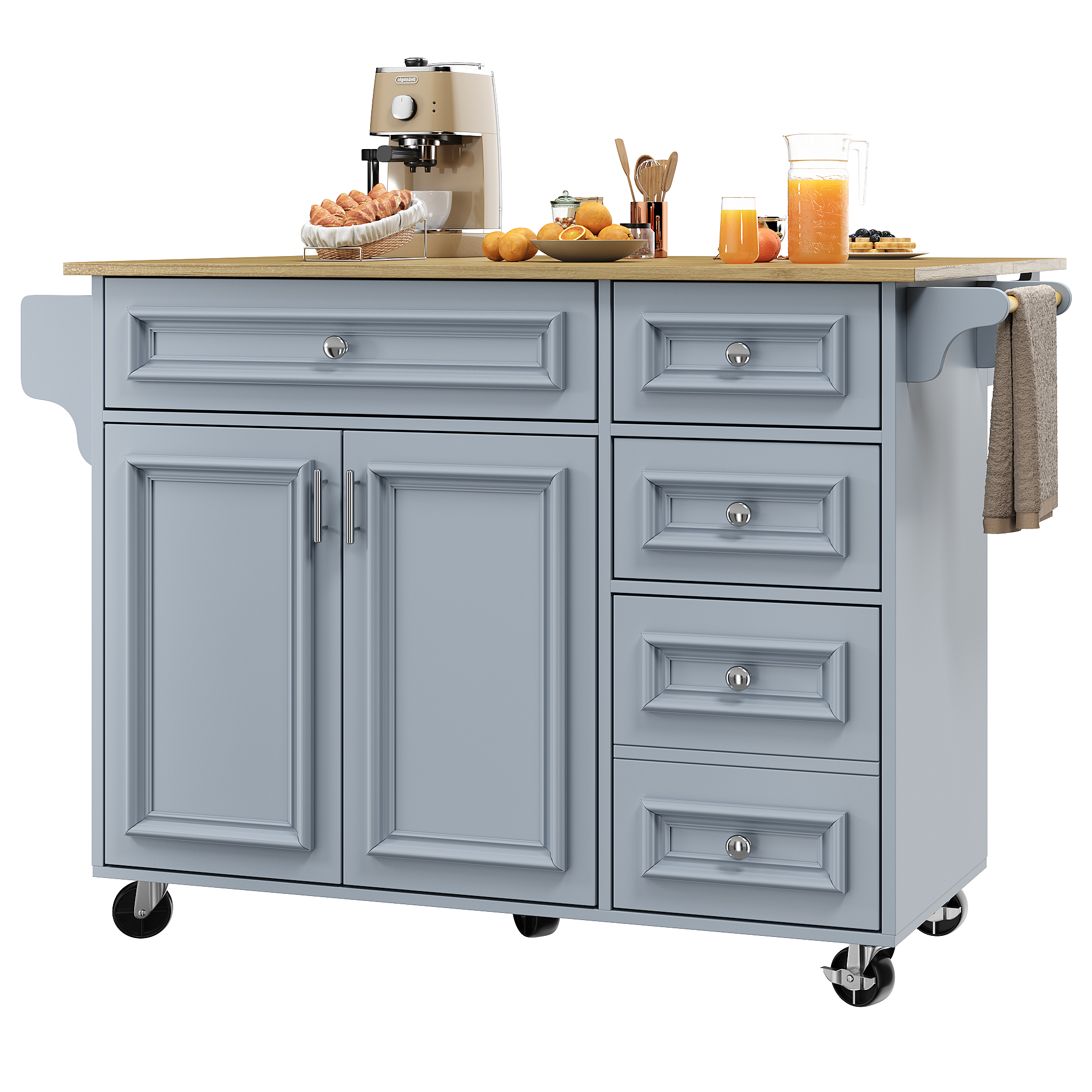 Elvmi Küchenwagen Mit Klappbarer Platte, 1 Schublade, Verstellbaren Einlegeböden Und Beistelltisch, Aus Mdf, Blau