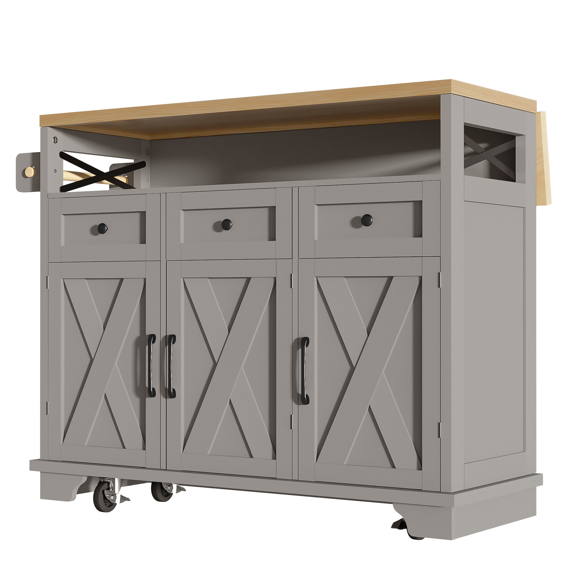 Elvmi Küchenwagen Mit 3 Schubladen, Klappbarer Platte, Rollen Und Handtuchhalter, 118 X 43-80 X 98 Cm, Grau