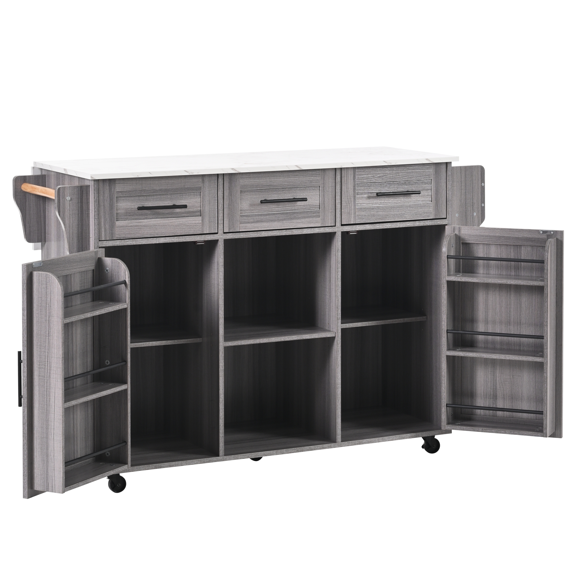 Elvmi Küchenwagen Mit 3 Schubladen, 3 Türen, Klappbarer Arbeitsplatte Und Handtuchhalter Aus Mdf Grau 139 X 46 X 91.5 Cm