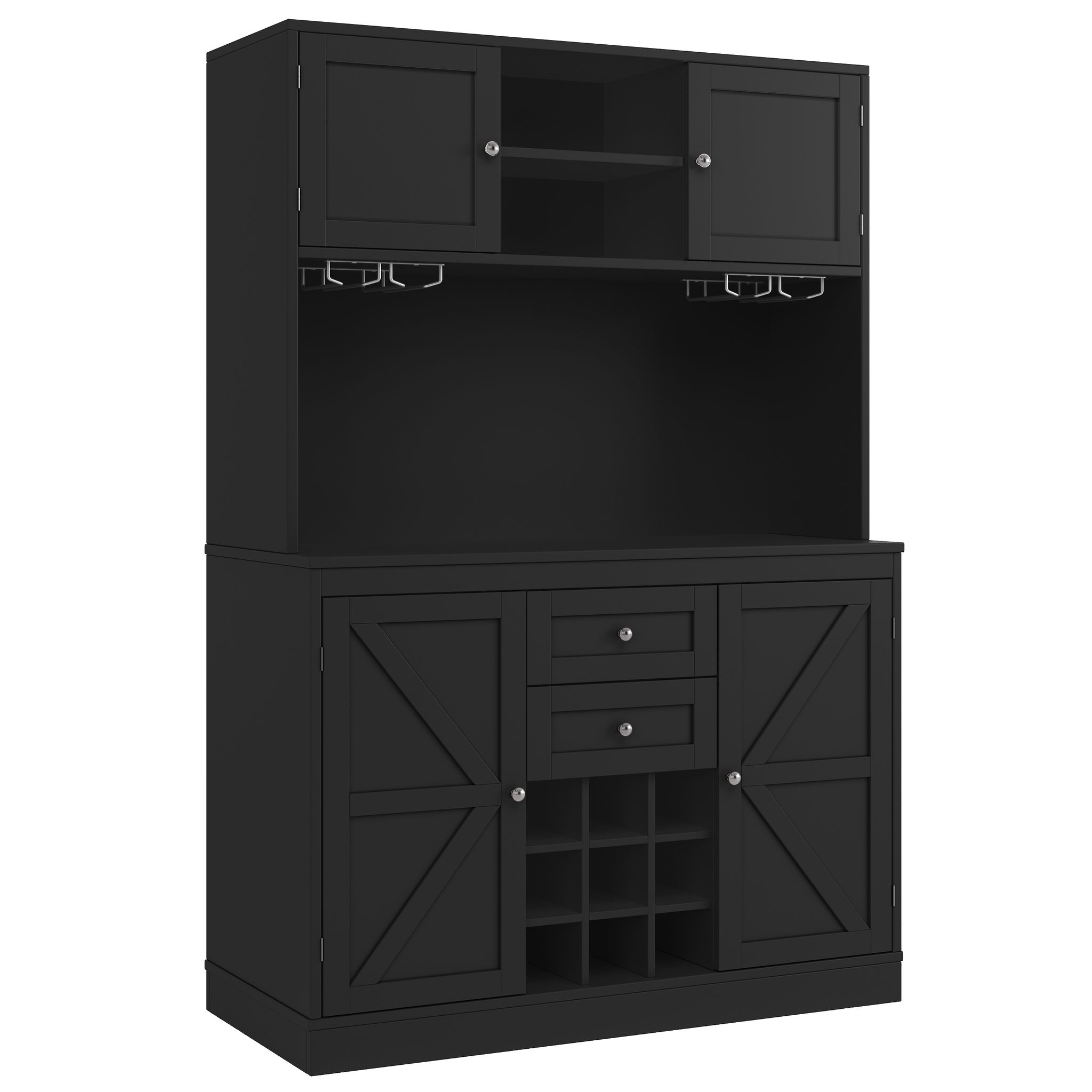 Elvmi Küchenschrank Mit 4 Türen, 2 Schubladen, Verstellbaren Einlegeböden Und Weinregal, Aus Mdf, 120 X 40 X 188 Cm, Schwarz