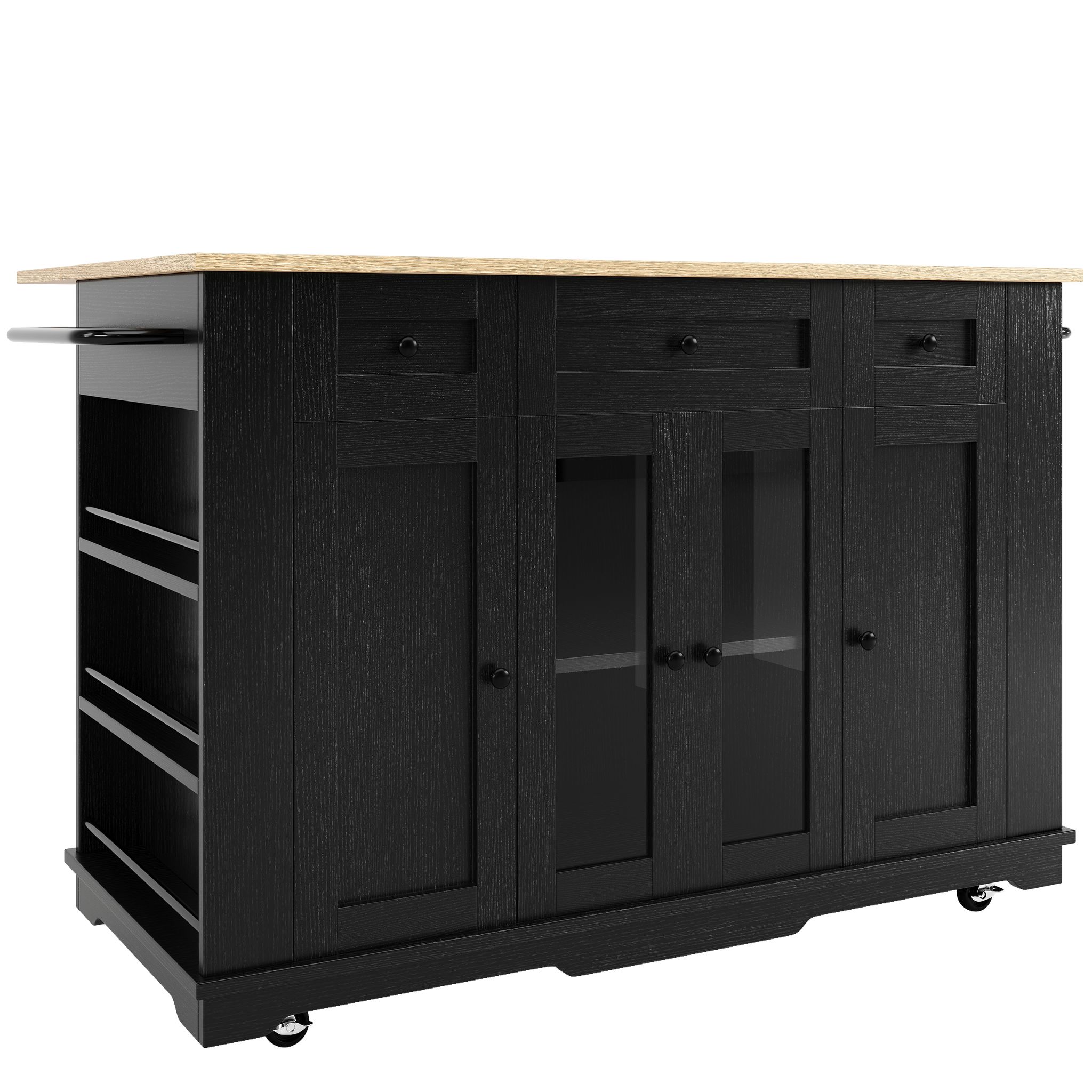 Elvmi Küchenwagen Mit 1 Schublade Klappbarer Arbeitsplatte Und Stauraum Aus Mdf Glas 151.5 X 60 X 91.7 Cm Schwarz Natur