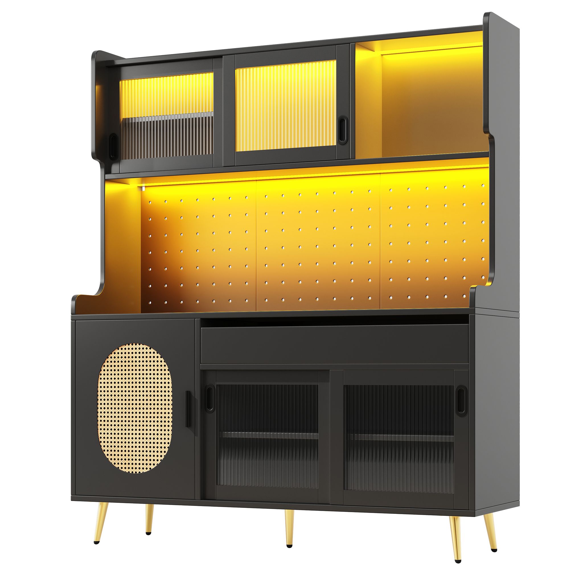 Elvmi Küchenschrank Mit 5 Türen, Led-leiste Und Lochplatte, Für Küche Aus Mdf, 145 X 39 X 171 Cm, Schwarz
