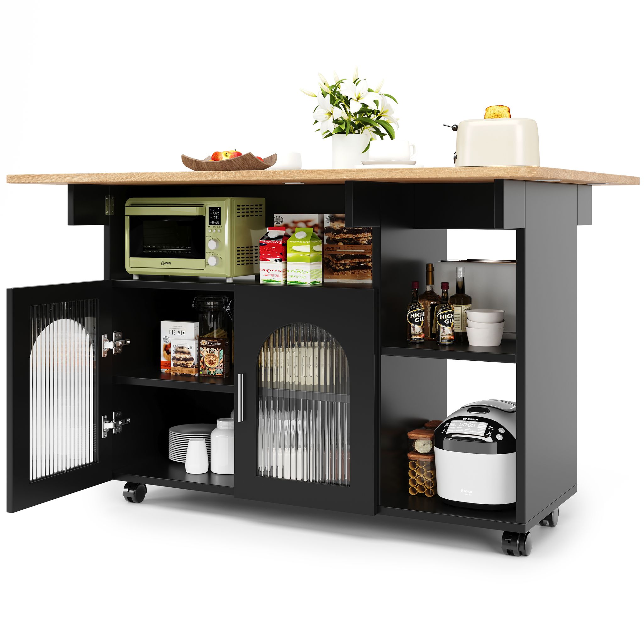Elvmi Küchenwagen Mit 2 Türen, 3 Offenen Fächern, Klappbarer Tischplatte Und Rollen, Aus Mdf Und Glas, 120 X 30 X 79.5 Cm, Schwarz Natur