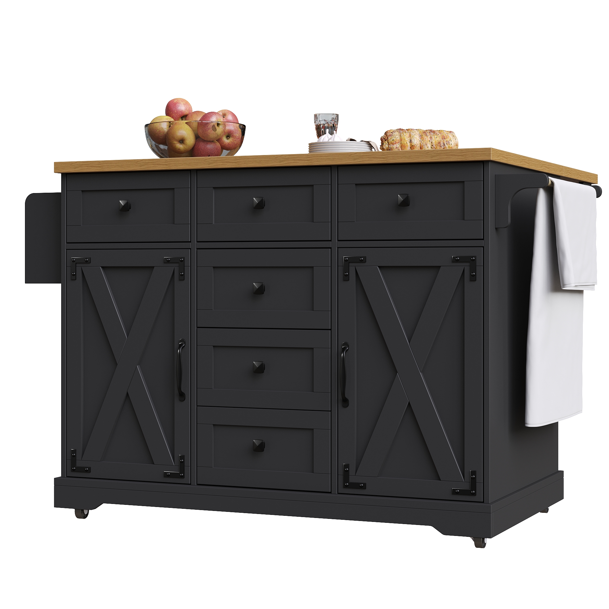 Elvmi Küchenwagen Klappbar Mit Ausziehbarer Tischplatte Und Stauraum, Aus Mdf Und Metall, 147 X 44 X 93 Cm, Schwarz