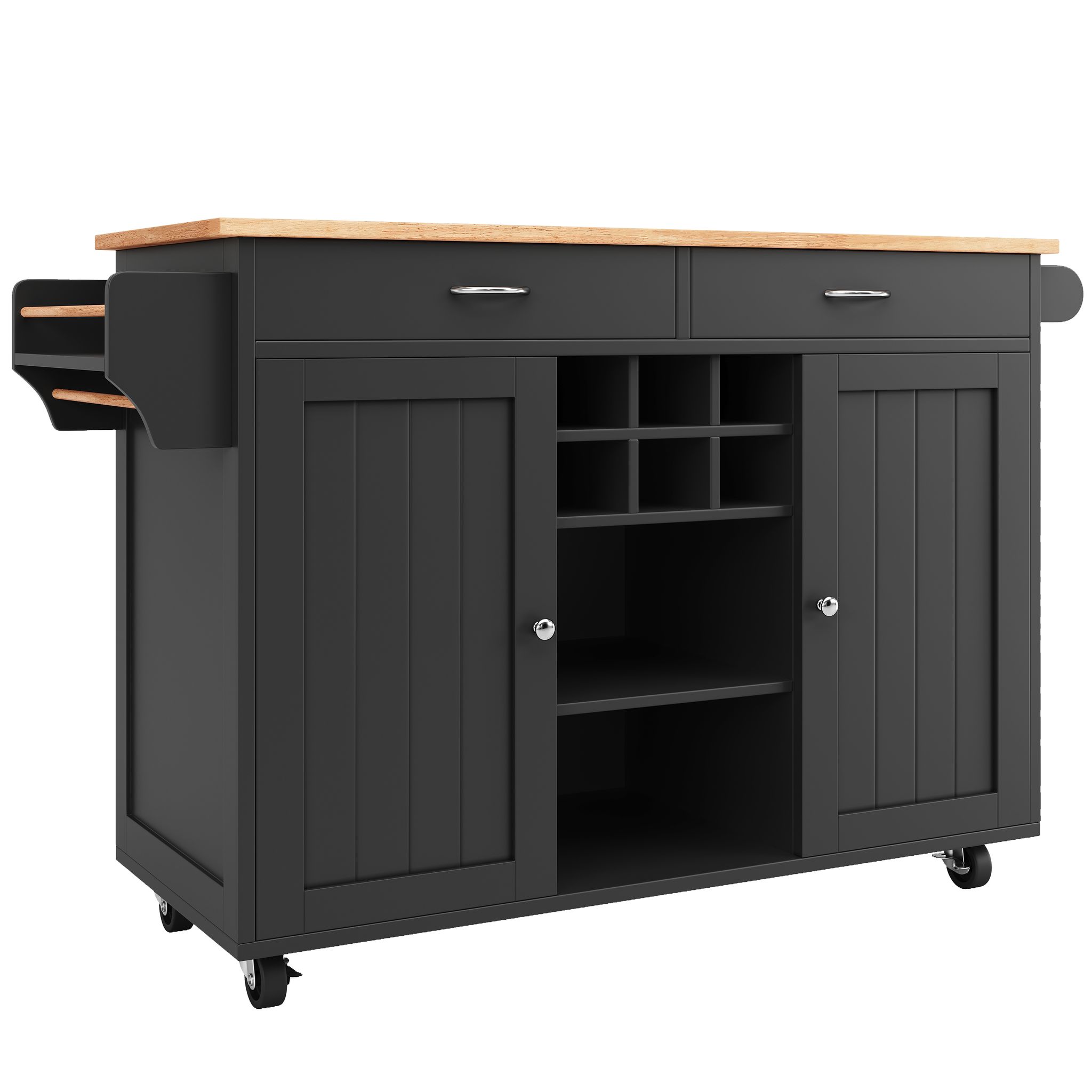 Elvmi Kücheninsel Mit Verstellbaren Einlegeböden, Weinregal Und Feststellbaren Rollen, Aus Mdf Und Metall, 102 X 45 X 92 Cm, Schwarz