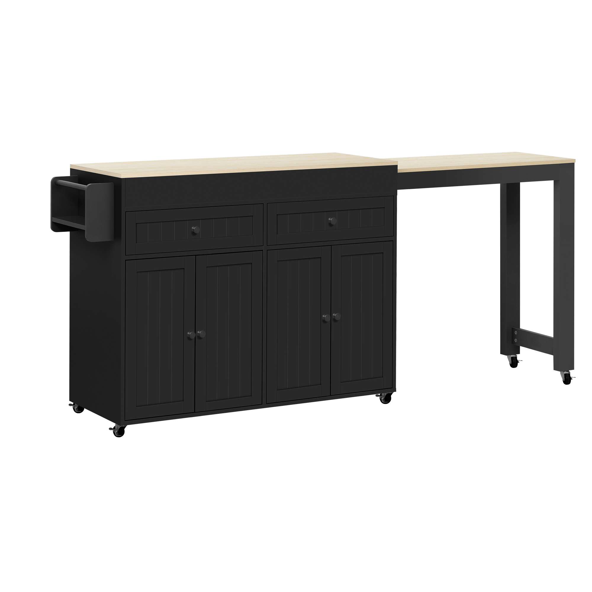 Elvmi Kücheninsel Mit Ausziehbarer Arbeitsplatte Und Rollen Für Küche Und Esszimmer Aus Mdf Schwarz Und Natur