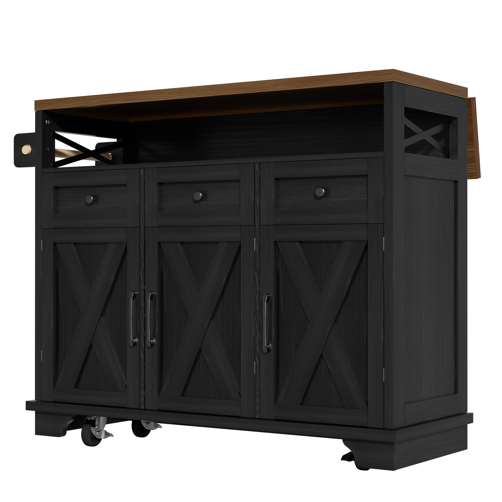 Elvmi Küchenwagen Mit 3 Schubladen Und 1 Tür, Klappbarer Platte, Handtuchhalter Und Rollen, Aus Mdf Und Metall, Schwarz