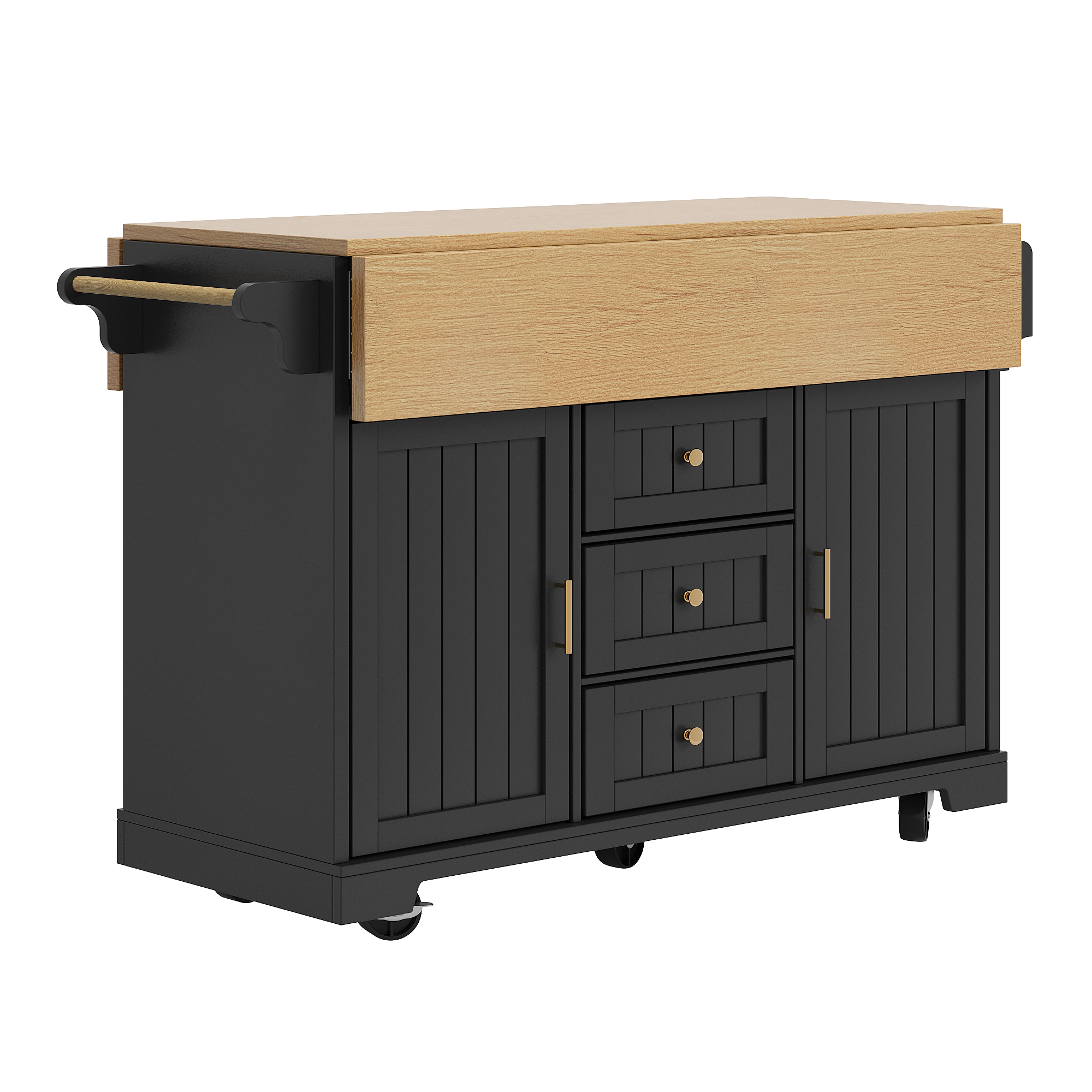 Elvmi Küchenwagen Mit 2 Türen 3 Schubladen Klappbarer Platte Handtuchhalter Und Rollen Aus Mdf 120 X 40 X 95 Cm Schwarz