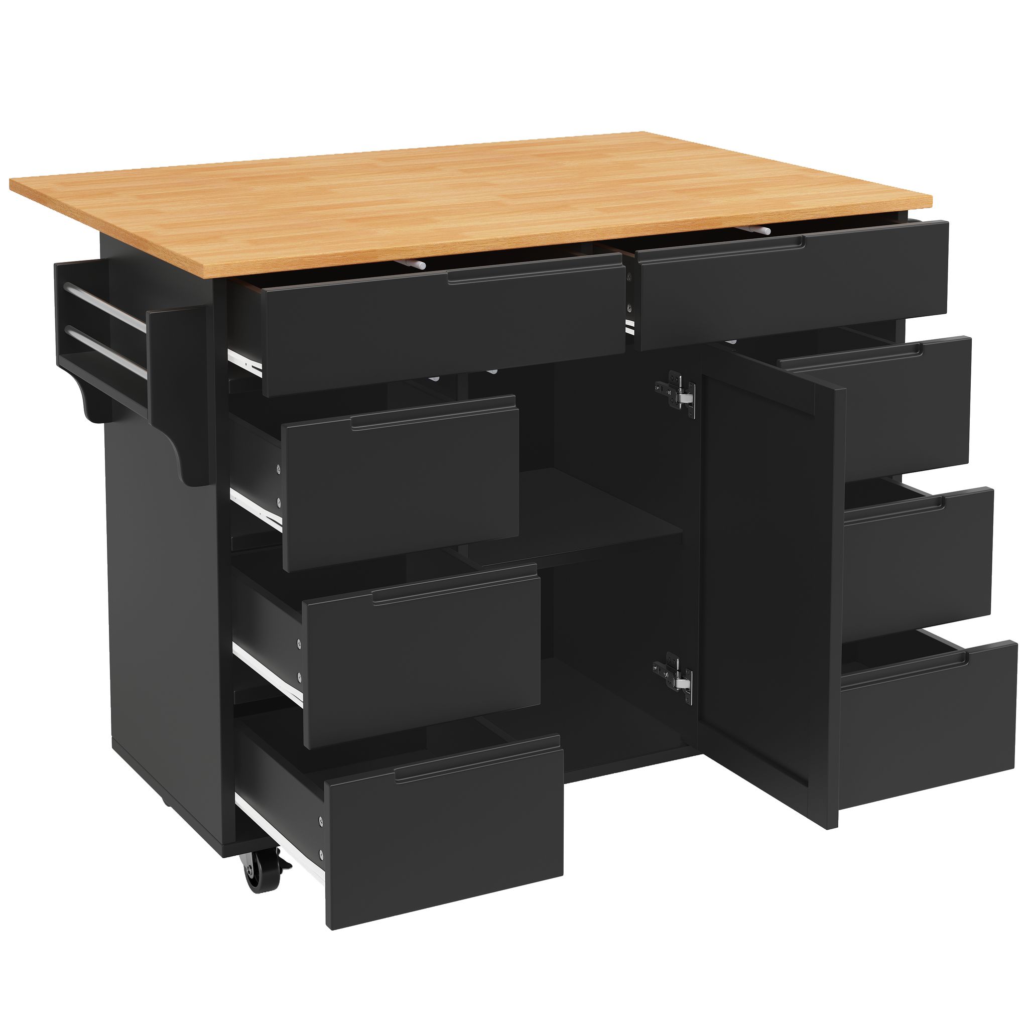 Elvmi Küchenwagen Mit 8 Schubladen Und 1 Tür Und Klappplatte Und Rollen, Küche, Aus Mdf, Schwarz