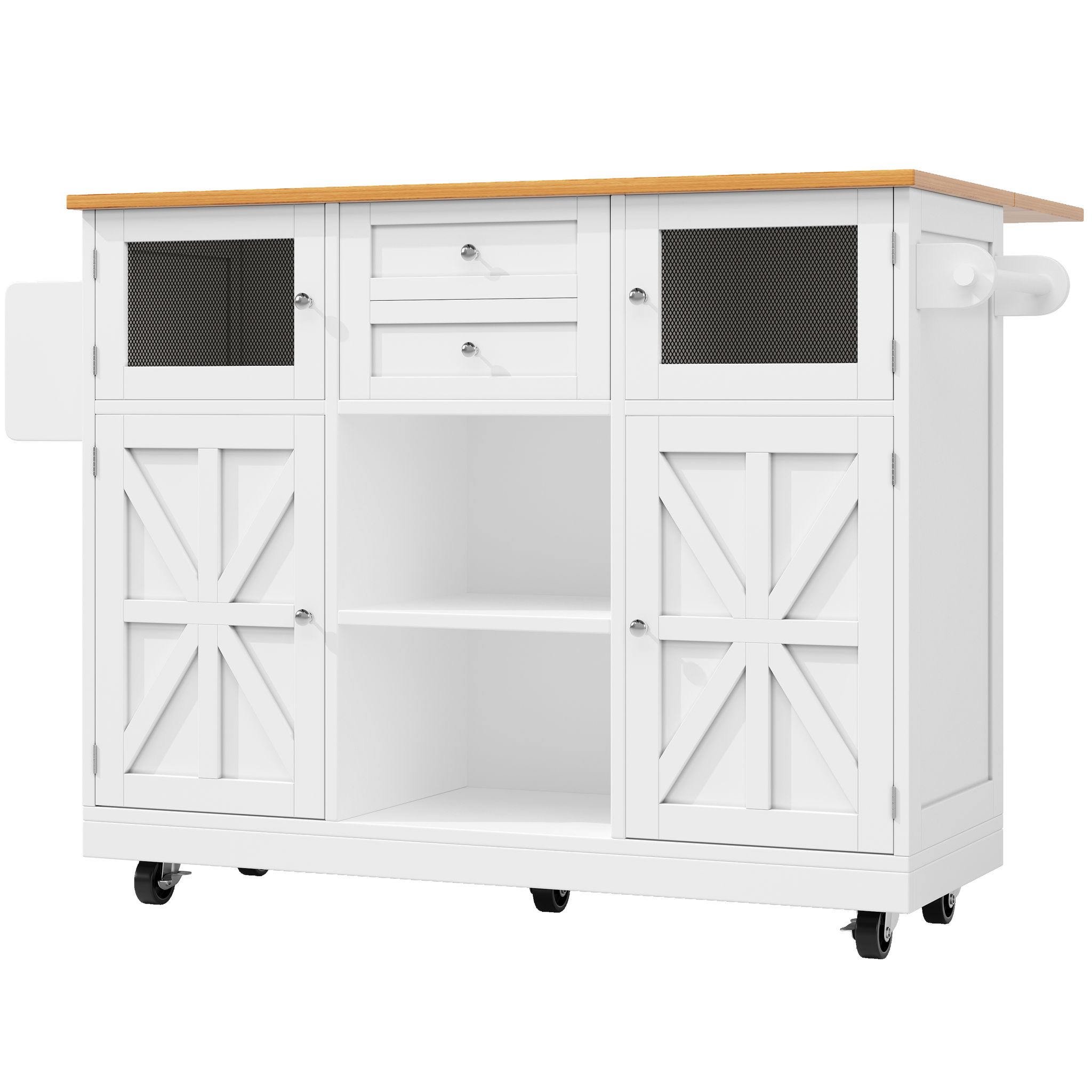 Elvmi Küchenwagen Mit 2 Türen, 2 Schubladen, 2 Offenen Fächern, Klappbarer Platte, Handtuchhalter Und Rollen, Aus Mdf, 140 X 40 X 93.5 Cm, Weiß