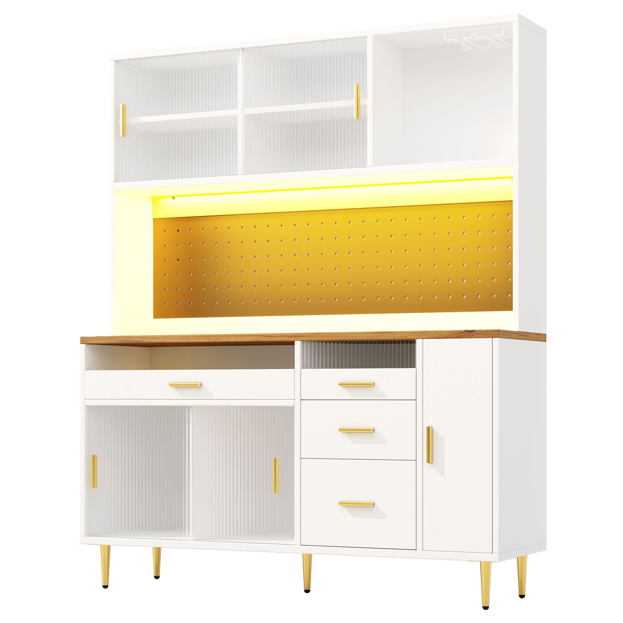 Elvmi Küchenschrank Hoch Mit Verstellbaren Regalböden, Weinregal Und Led, Aus Mdf Und Glas, 145×39×171 Cm, Weiß