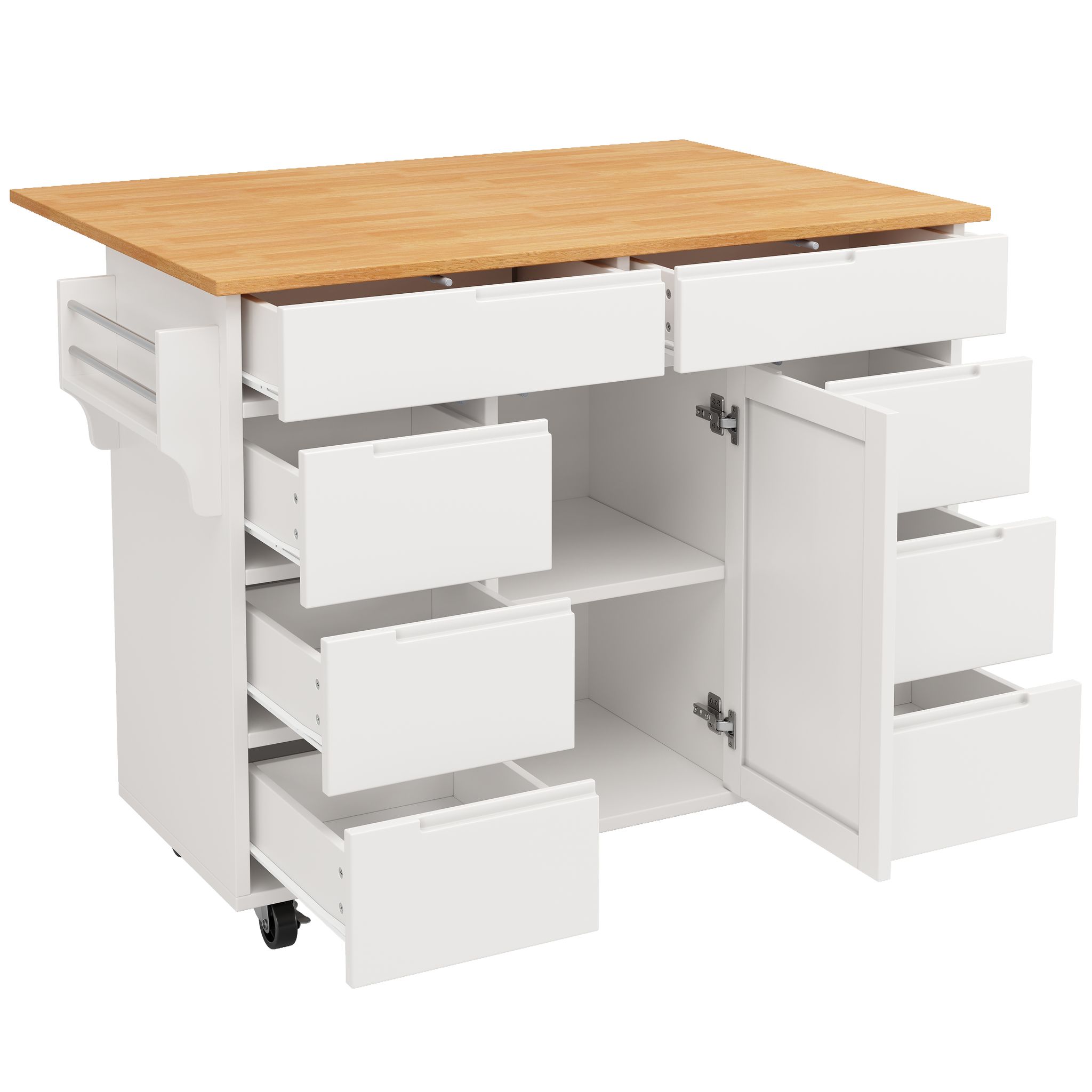 Elvmi Küchenwagen Mit 8 Schubladen, 1 Tür Und Klappbarer Platte, Handtuchhalter, Mdf, Weiß, 122×46×91.5 Cm