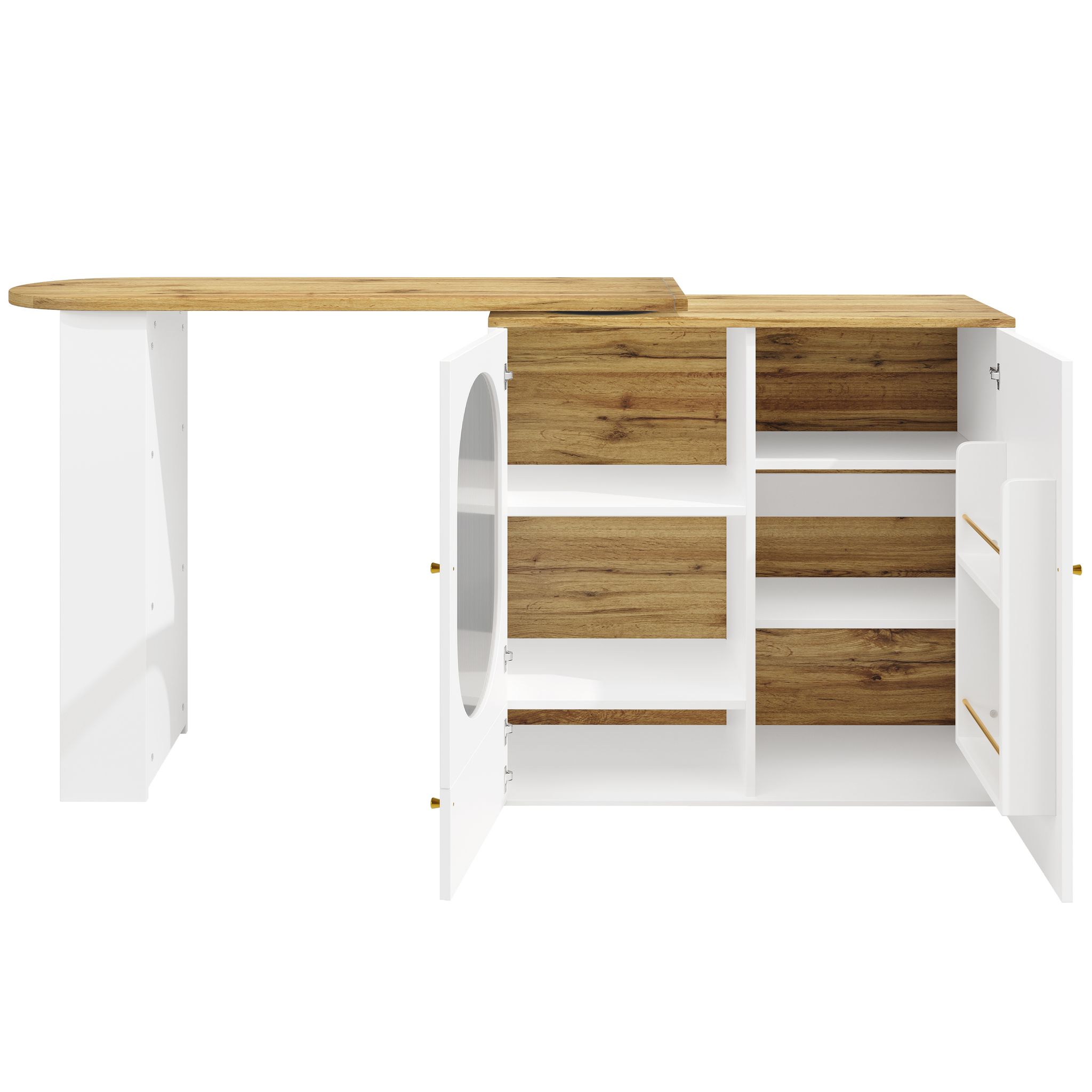 Elvmi Kücheninsel Mit 3 Türen Und 360° Drehbarer Tischplatte, Handtuchhalter Und Gewürzregal, Für Küche, Aus Mdf Und Metall, 138 X 39 X 105 Cm, Weiß