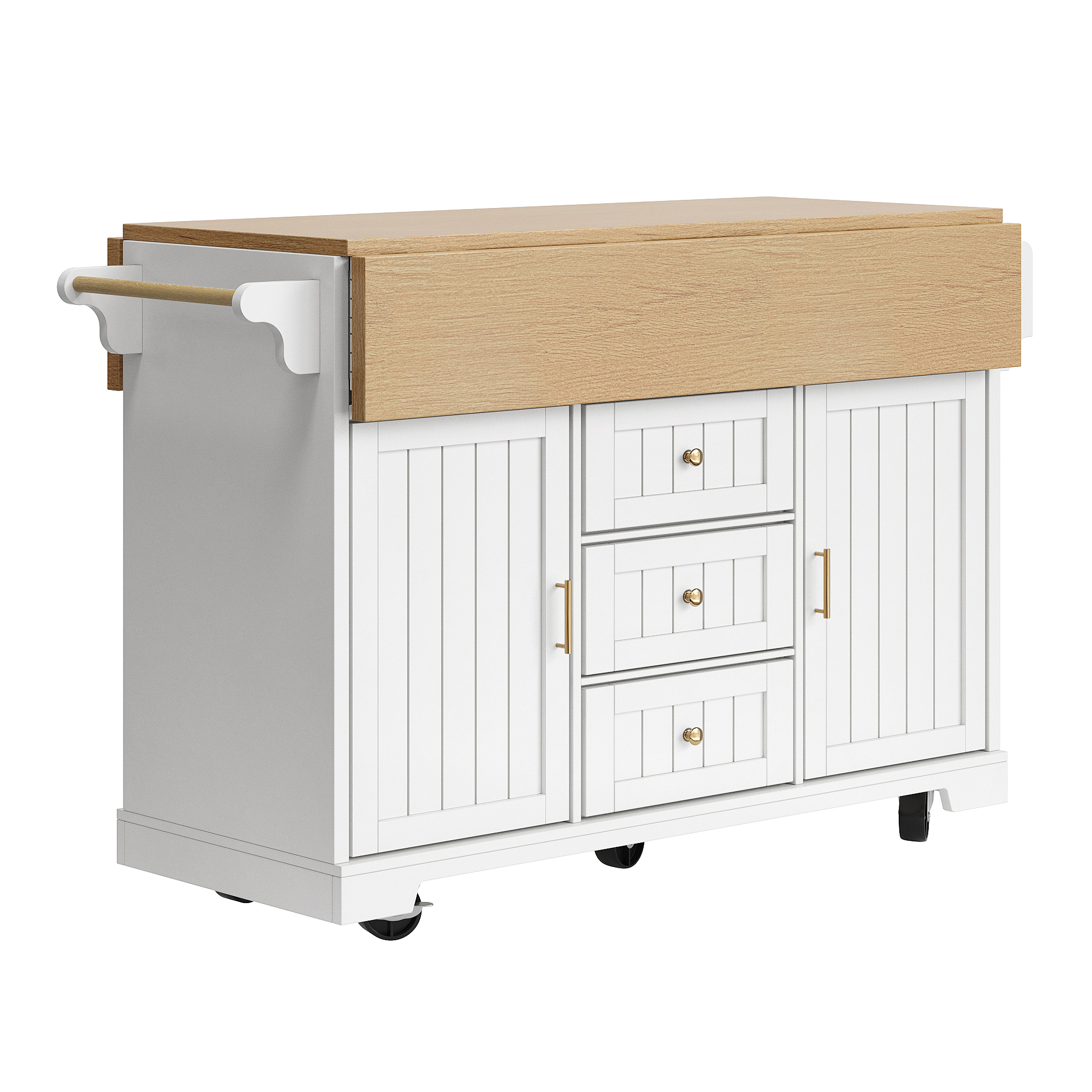 Elvmi Küchenwagen Mit 2 Türen, 3 Schubladen Und Klappplatte, Auf Rollen, 120 X 40 X 95 Cm, Weiß