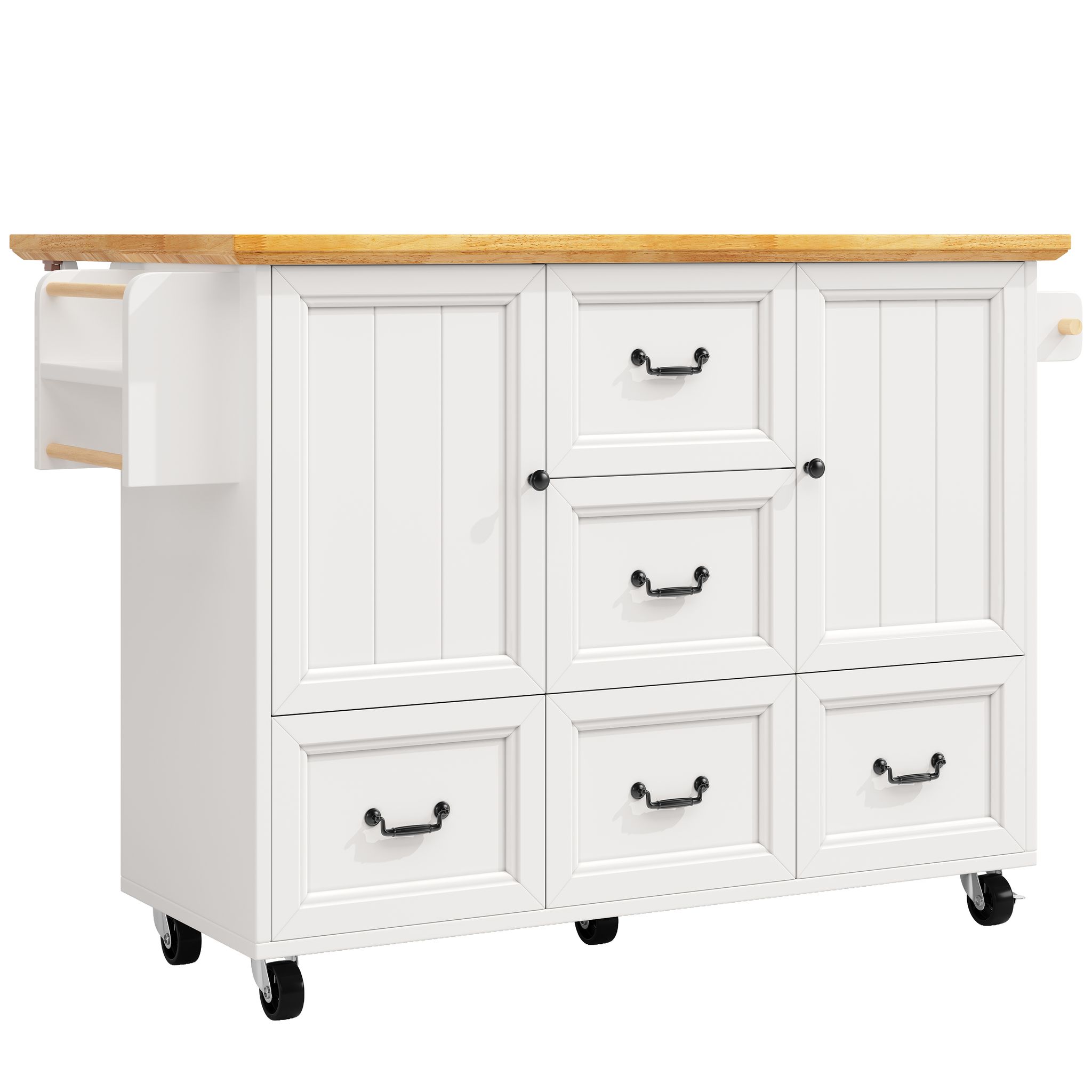 Elvmi Küchenwagen Mit 2 Türen, 5 Schubladen, Verstellbaren Einlegeböden, Rollen, Handtuchhalter, 120 X 45 X 93 Cm