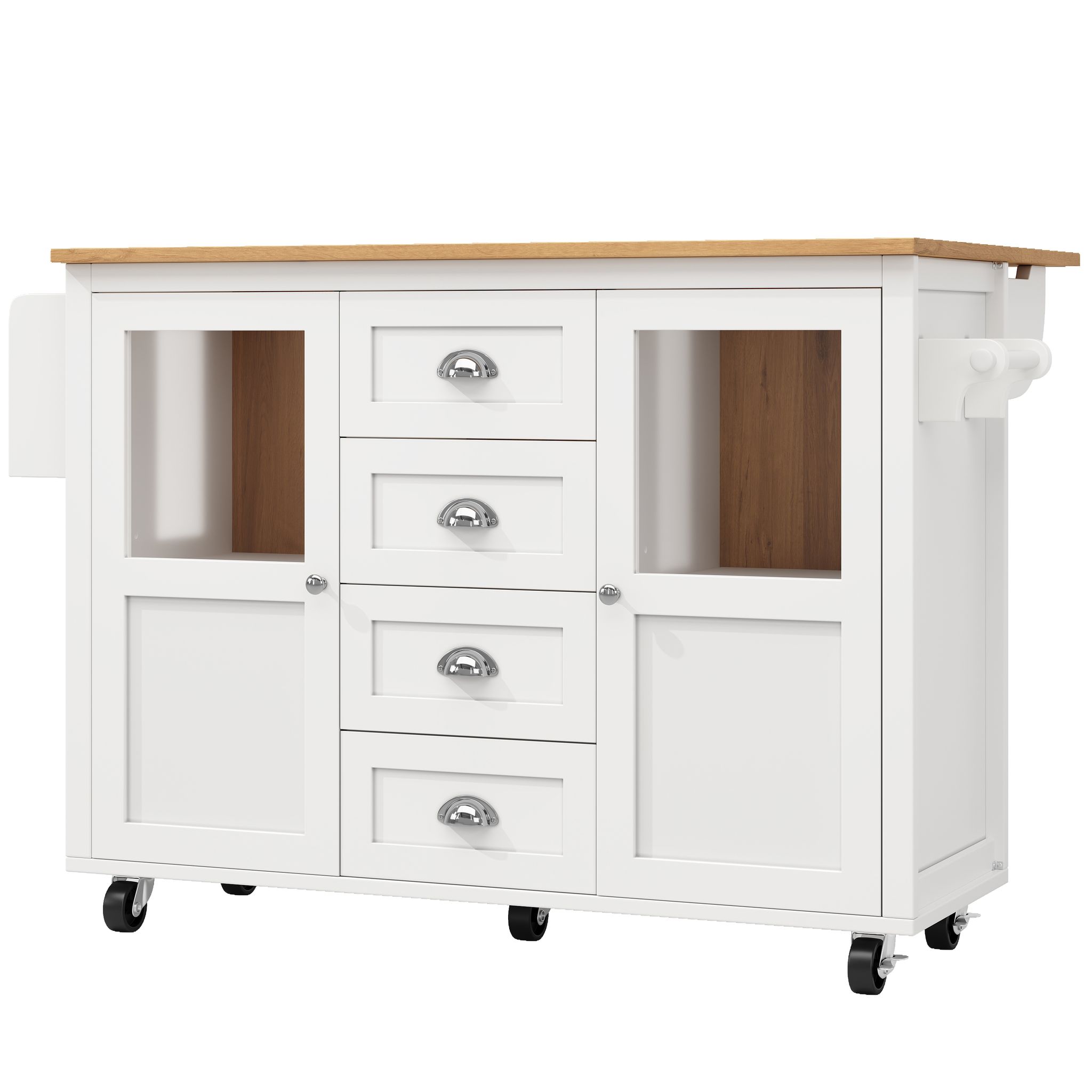 Elvmi Kücheninsel Mit 2 Türen Und 4 Schubladen, Klappbarer Platte Und Rollen, 137.9x45x92.5 Cm, Weiß