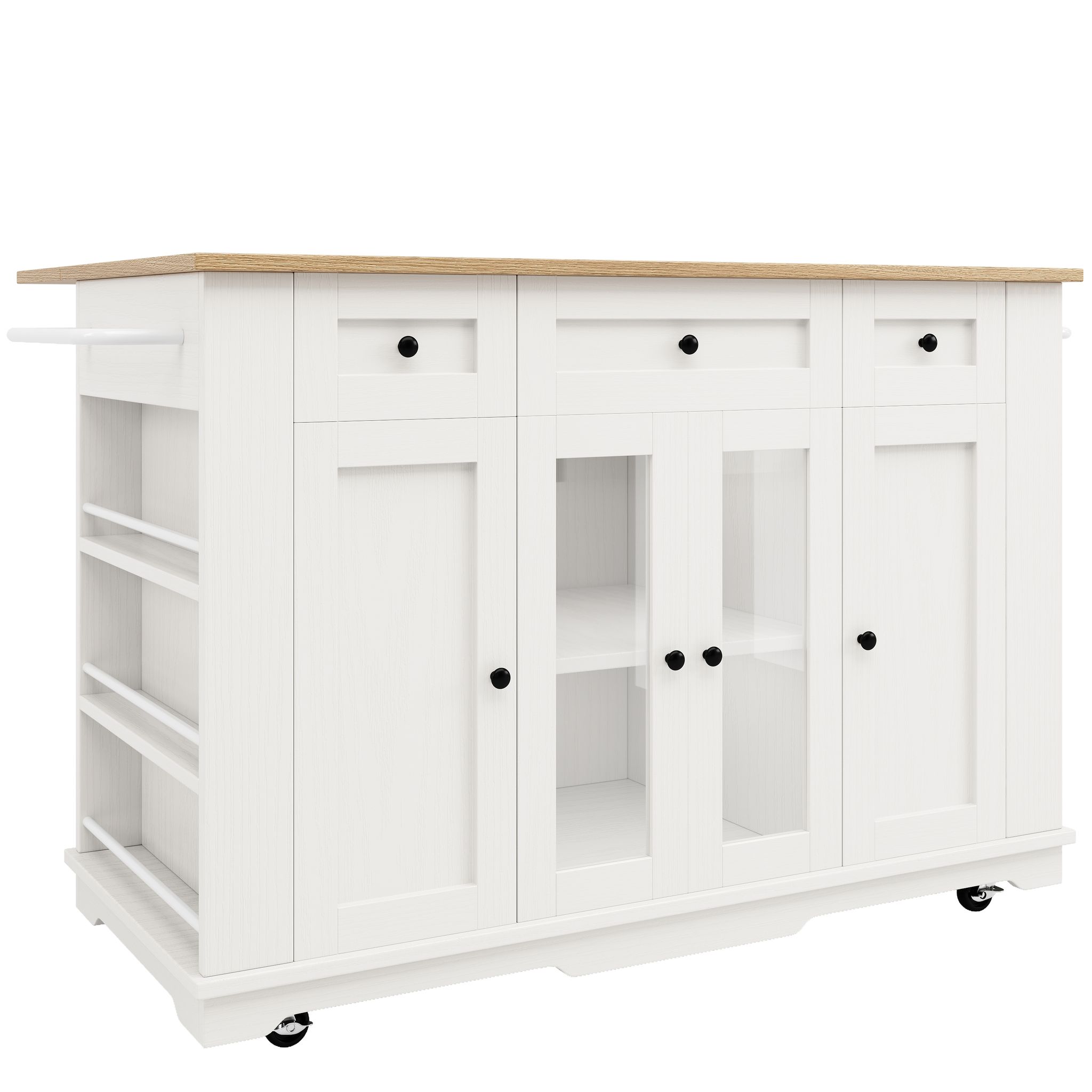 Elvmi Küchenwagen Mit 1 Schublade, Klappbarer Platte, Gehärtetem Glas Und Seitenregalen, Aus Mdf, Weiß Und Natur