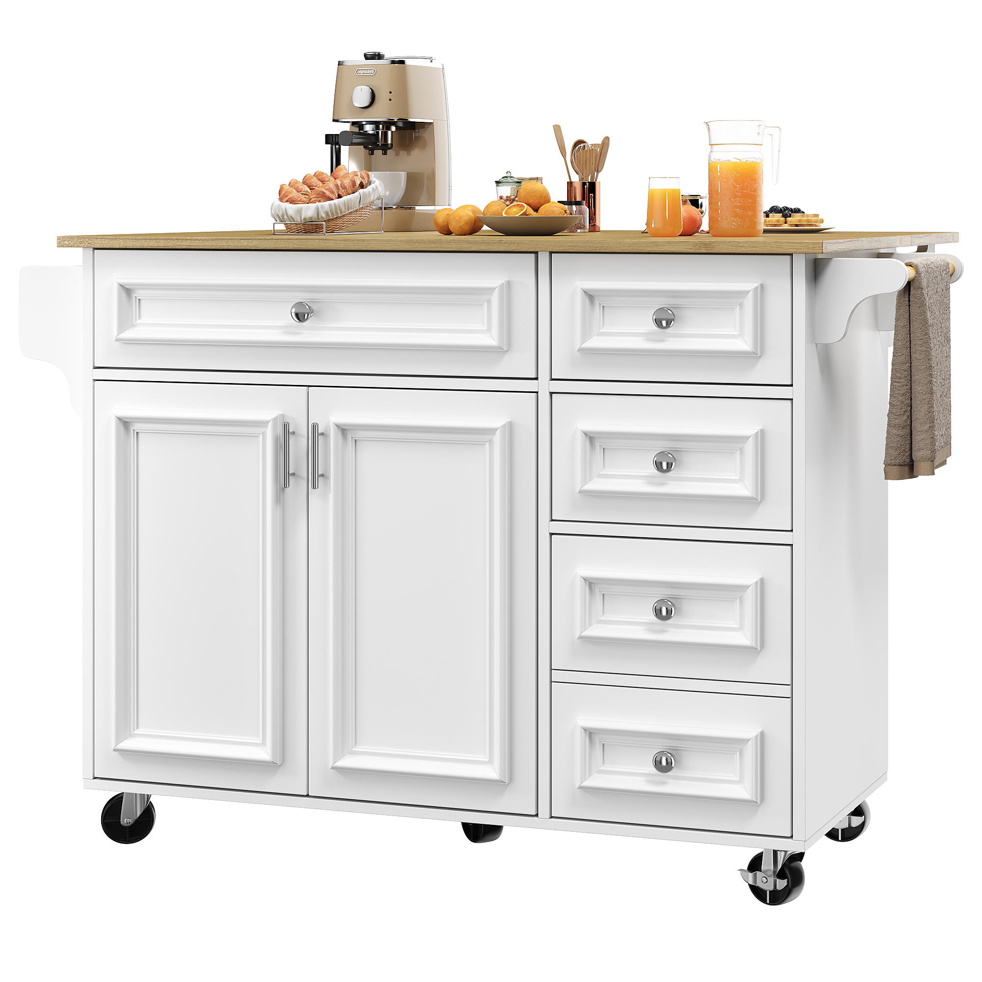 Elvmi Kücheninsel Mit 1 Schublade Und Verstellbaren Fächern Und Klappbarer Tischplatte, Aus Mdf, 110 X 45 X 92 Cm, Weiß