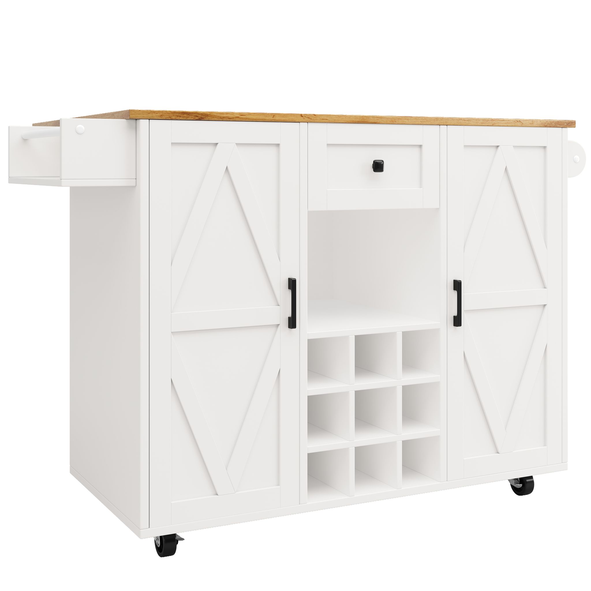 Elvmi Küchenwagen 1 Schublade 2 Türen, Klappbare Tischplatte Und Rollen, Mdf, Weiß, 137.5 X 40 X 95.6 Cm