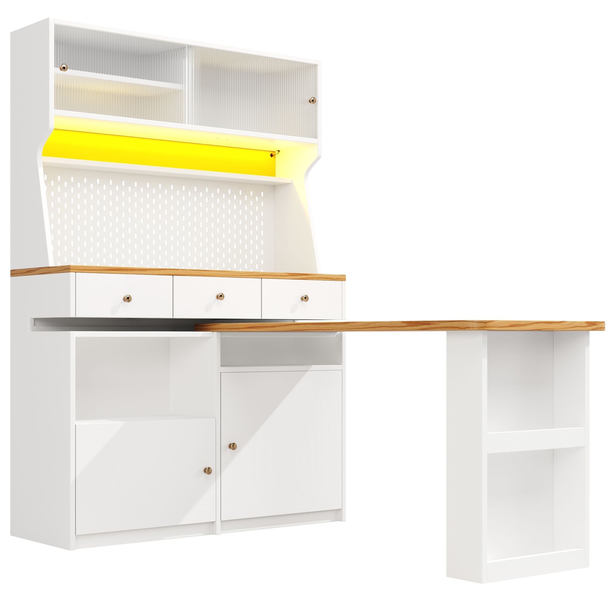 Elvmi Küchenbuffet Hoch Mit 2 Türen, 3 Schubladen, Ausziehbarer Tischplatte Und Led, Aus Mdf, Weiß, 137 X 45 X 178 Cm