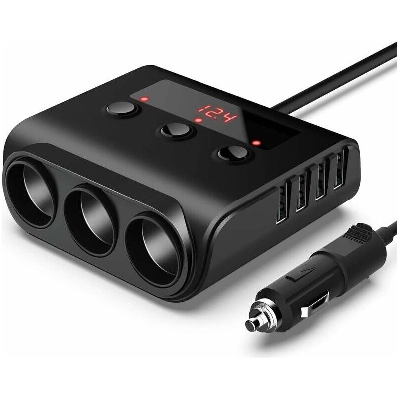 100-w-kfz-ladeadapter Mit 3 Zigarettenanzünderbuchsen Und 4 Usb-anschlüssen, Led-voltmeter Und Schalter Für 12 V/24 V
