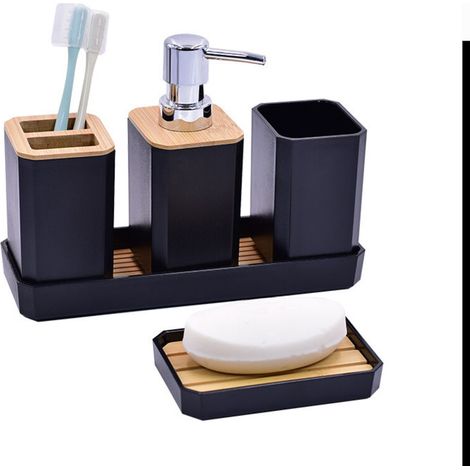 5-teiliges, Umweltfreundliches Badezimmer-accessoire-set Aus Bambus – Bürstenhalter, Becher, Seifenschale, Lotionflaschen, Schwarzes Tablett