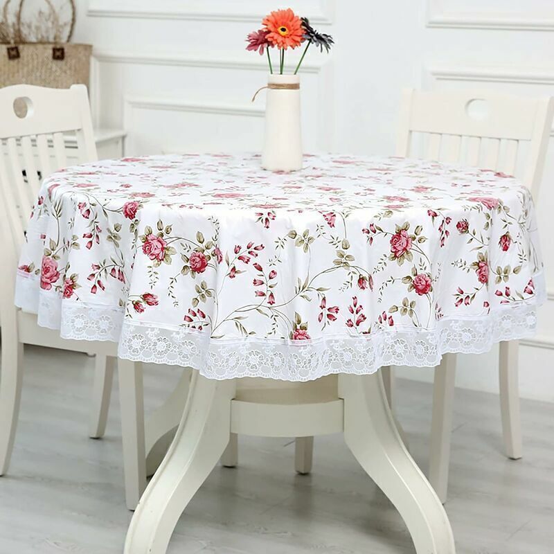 Runde Pvc-wachstuchtischdecke, Wasser- Und Fleckenabweisend, Mit Blumenmuster Und Spitzenborte – 180 Cm – Für Esszimmer, Garten, Café Oder Party