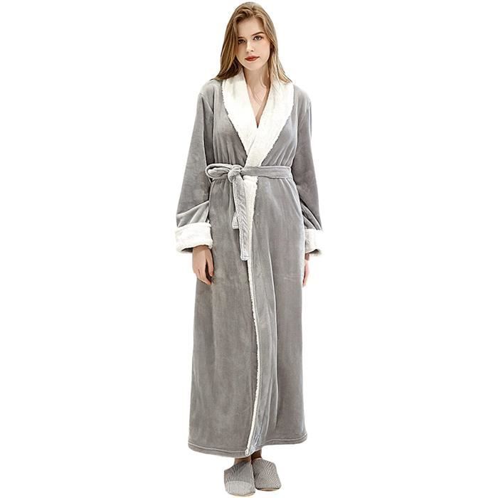 Langflauschiger Bademantel Aus Flanell – Verstellbarer Gürtel – 100% Polyester – Grau (l)