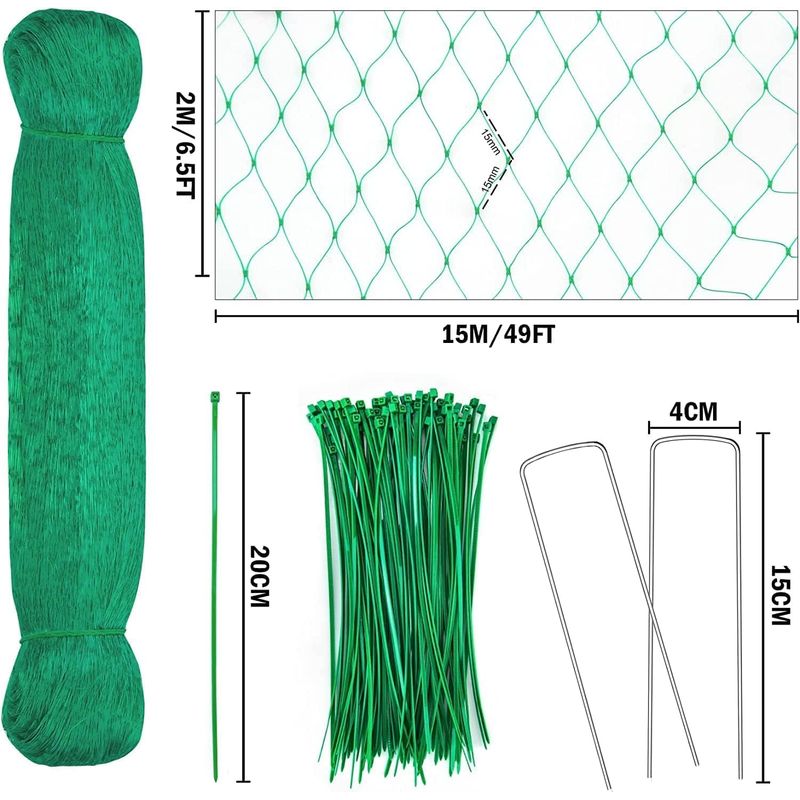 2 M X 15 M Vogelschutznetz, Gartennetz-set Mit 50 Befestigungselementen Und 10 Heringen, Vielseitiges Netz Zum Schutz Von Erdbeeren, Früchten, Samen, Teichen Und Pflanzen.