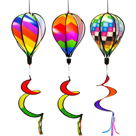 3-teiliges Set Aus 130 Cm Großen Heißluftballon-windspielen, Regenbogen-gartenkreisel, Gestreifter Regenbogen-windmühle, Drehbarem Windsack, Pailletten-windspiel, Hängender Gartendekoration