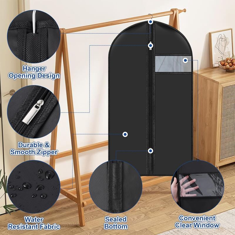 6er-set Kleidersäcke Zum Aufhängen, 100 X 60 Cm – Schwarze Kleidersäcke Mit Sichtfenster – Aufbewahrung Für Herrenanzüge, Mäntel Und Kleider – Staub- Und Wasserdichter Kleiderschrank-organizer