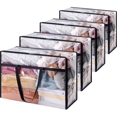 Set Mit 4 Transparenten 60-liter-aufbewahrungsbeuteln, Pvc-kleideraufbewahrungsbeuteln, Faltbarem Bettbezug Mit Griffen, Aufbewahrungsbox Für Umzüge, Kleidung, Decken, Spielzeug, Bücher