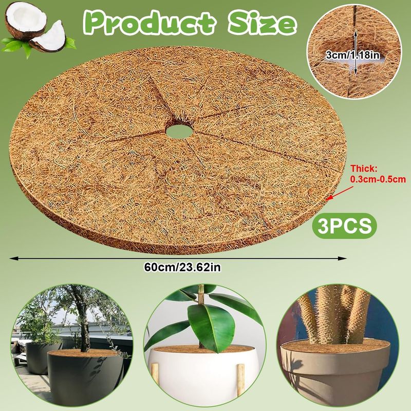 60 Cm Kokosnussmulchscheibe, 3 Stück, Sichere Kokosfasermulchmatte, Umweltfreundlich, Atmungsaktiver Pflanzenschutz Für Topfpflanzen Und Gartenrasen