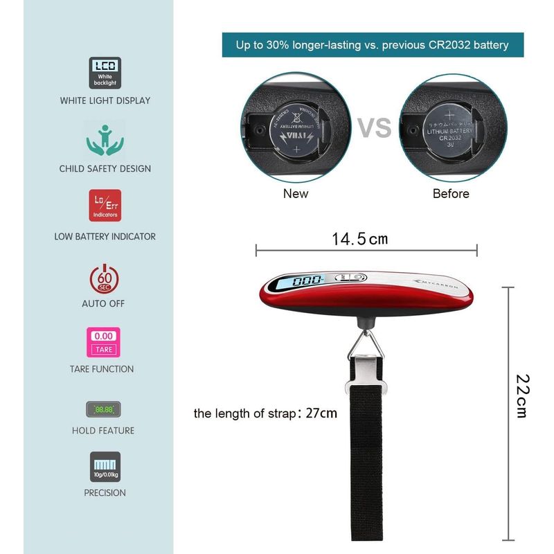 Reisegepäckwaage, Elektronische Gepäckwaage, Max. 50 Kg, Kofferwaage Mit Tara-funktion, Tragbare Gepäckwaage, Batterie Enthalten, Digitale Gepäckwaage, Rot