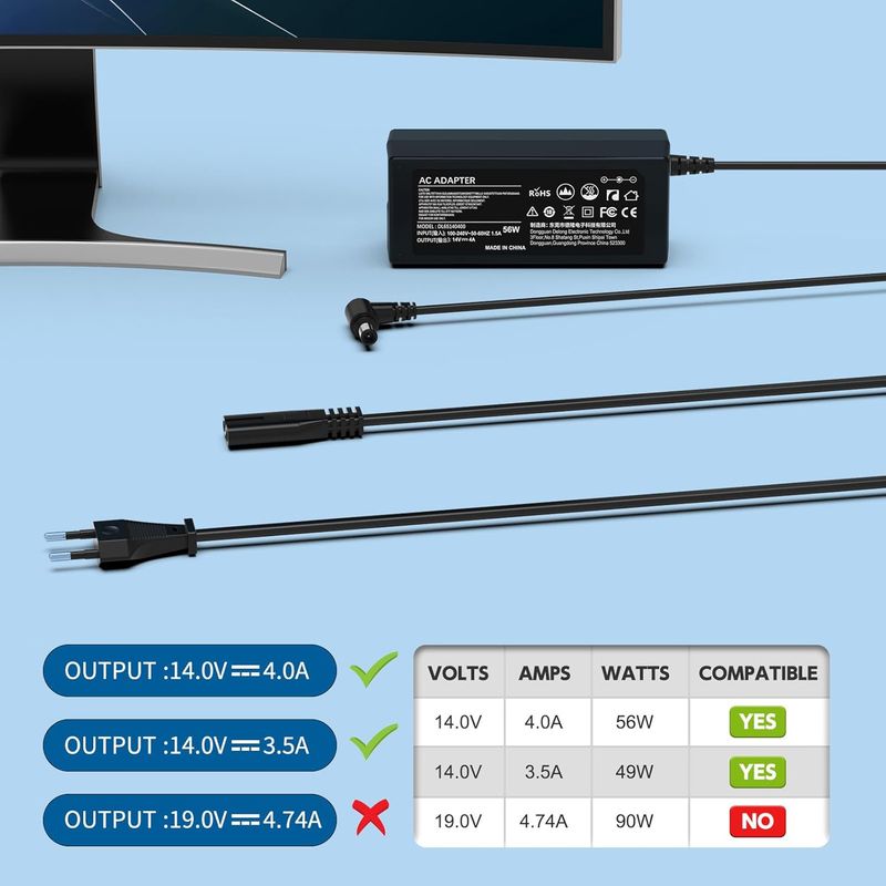 Netzteil 14v 4a Ladegerät Kompatibel Mit Samsung Monitor S24f350fhu U28e590d C24f396fhu C27f390fhu S24d390hl S27d390h S27f350fhu S24b150bl S22d300hy Syncmaster Led Lcd Tv Bildschirmadapter