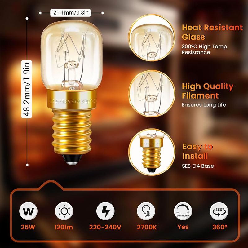 T22 E14 Ofenlampe, Dimmbar Bis 300°, 120 Lm, Warmweiß (2700 K), 220–240 V Wechselstrom, E14-fassung, Geeignet Für Backofen, Mikrowelle, Kühlschrank Und Salzkristalllampe, 2er-pack