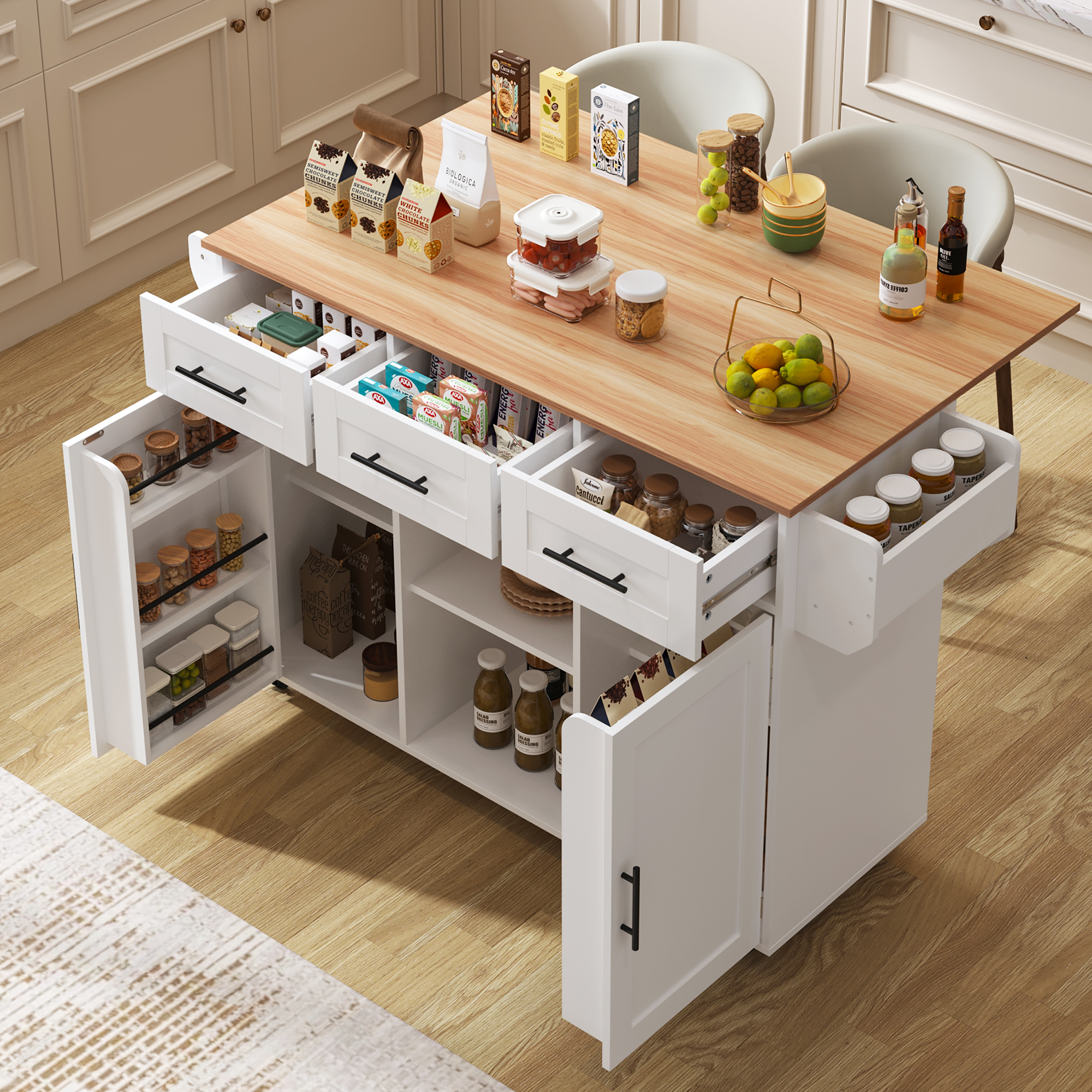 Großer Servierwagen 139x71 Cm Mit Klappbarer Platte – Korpus Graues Massivholz-furnier + Marmor-dekor – 3 Schubladen + 3 Verstellbare Fächer – Wahlweise Rollen Oder Standfüße – Für Küche & Esszimmer-w