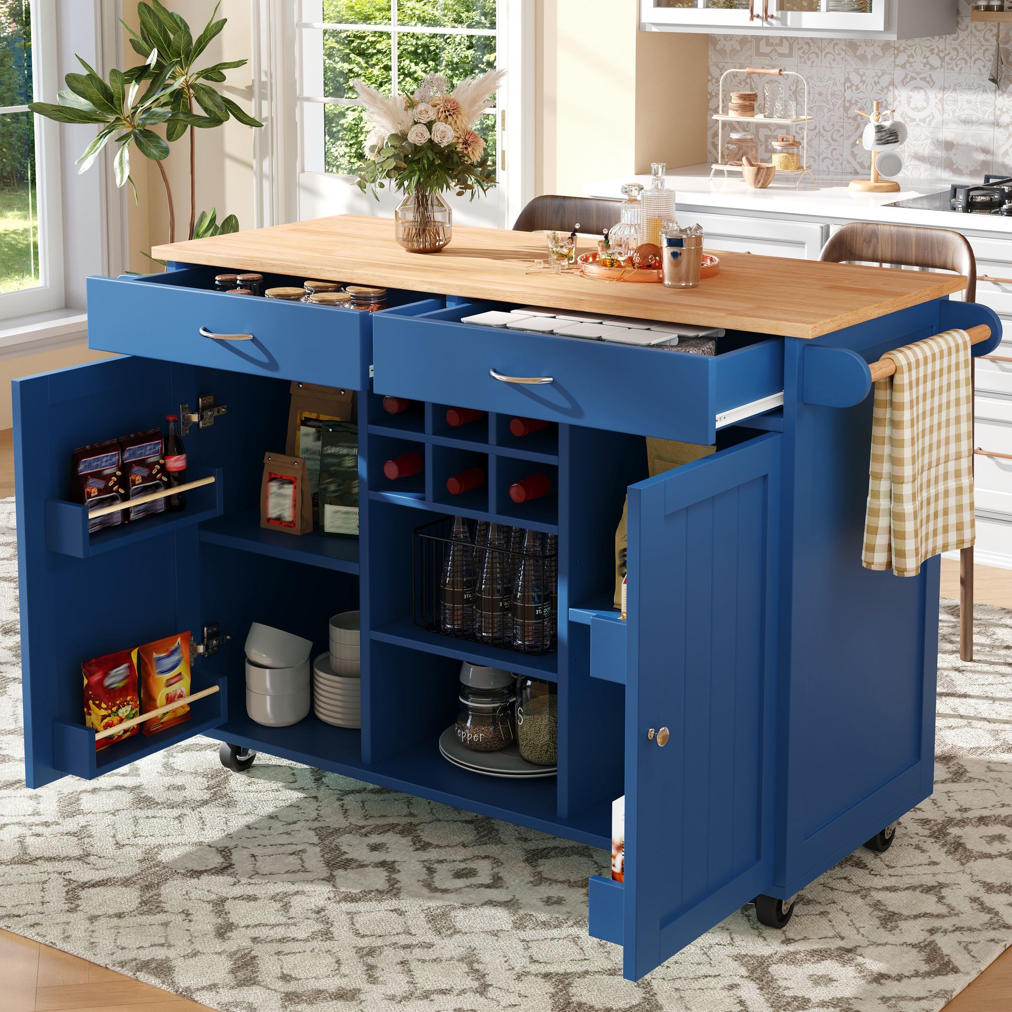 Kücheninsel, Moderne Serviertheke Mit Arbeitsplatte, 2 Schubladen Und Herausnehmbarem Weinregal, 102×45×92 Cm, Blau