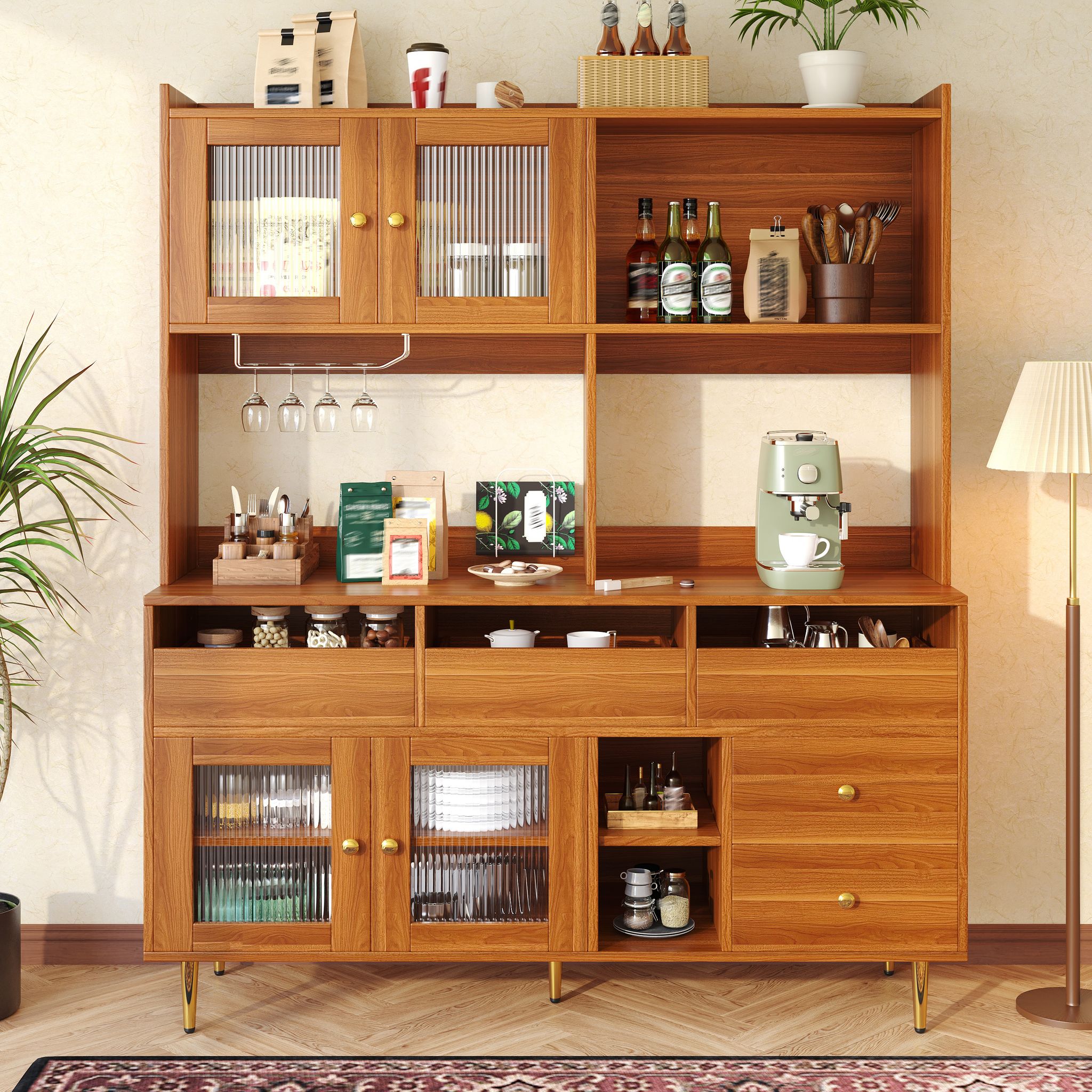 Hochschrank Küche, Esszimmerschrank Mit Verstellbaren Regalböden & Schubladen & Weinregal, 145×39×171 Cm, Holzbraun