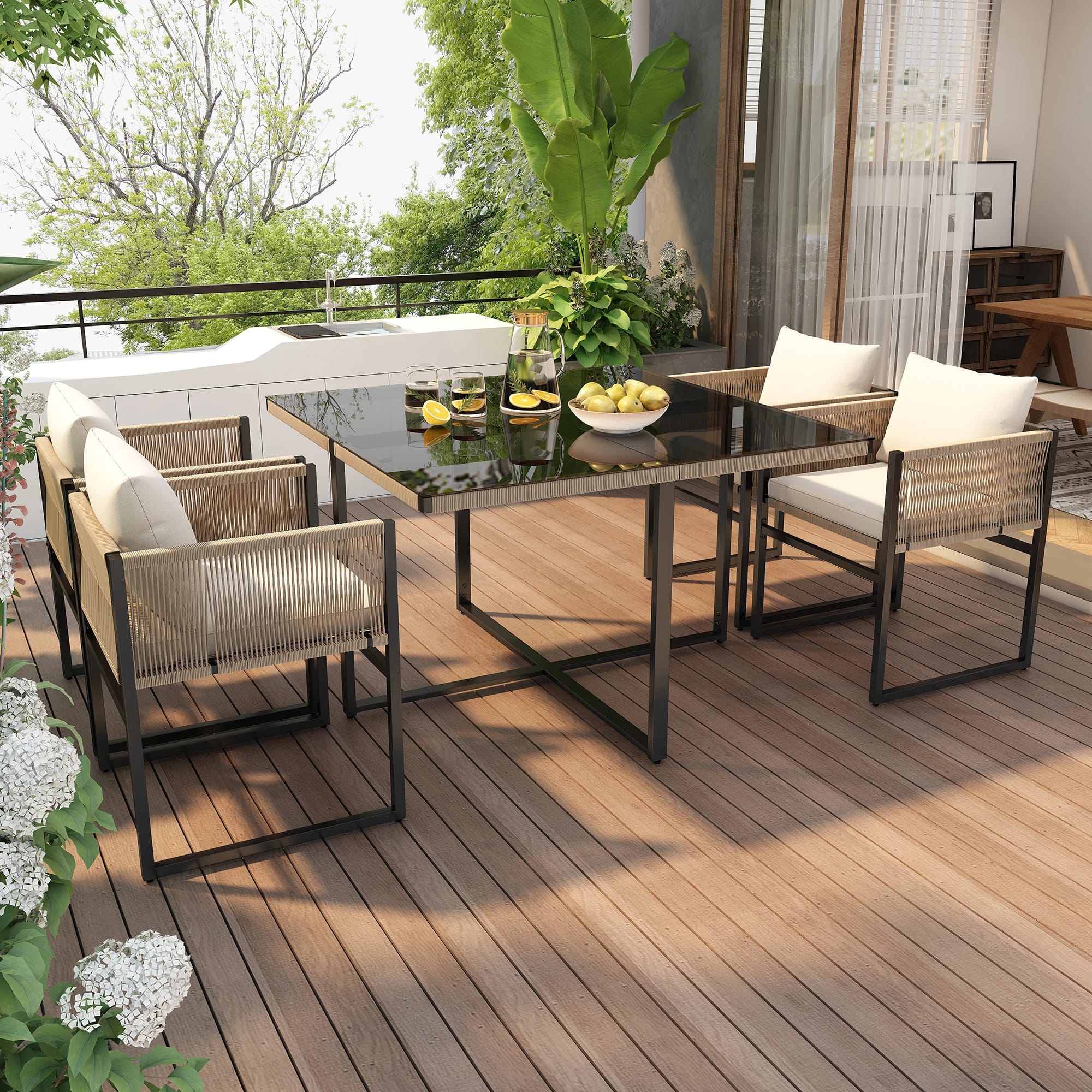 Garten-essgruppe 5 Tlg Sitzgruppe Mit 1 Esstisch, 4 Stapelbaren Stühlen, (gartengarnitur, 5-tlg, Sitzgarnitur), Feines Seil, Eisen, Tischplatte Aus 5mm Starkem Sicherheitsglas(previous Sku:hw24026aaa)