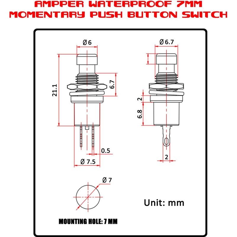 Mini-momentan-drucktaster, Ampere 2 Pin Ein Aus 1a 250v Ac 7mm Runde Spst Normal Offene Momentan-drucktaster (rot, 20er-packung)