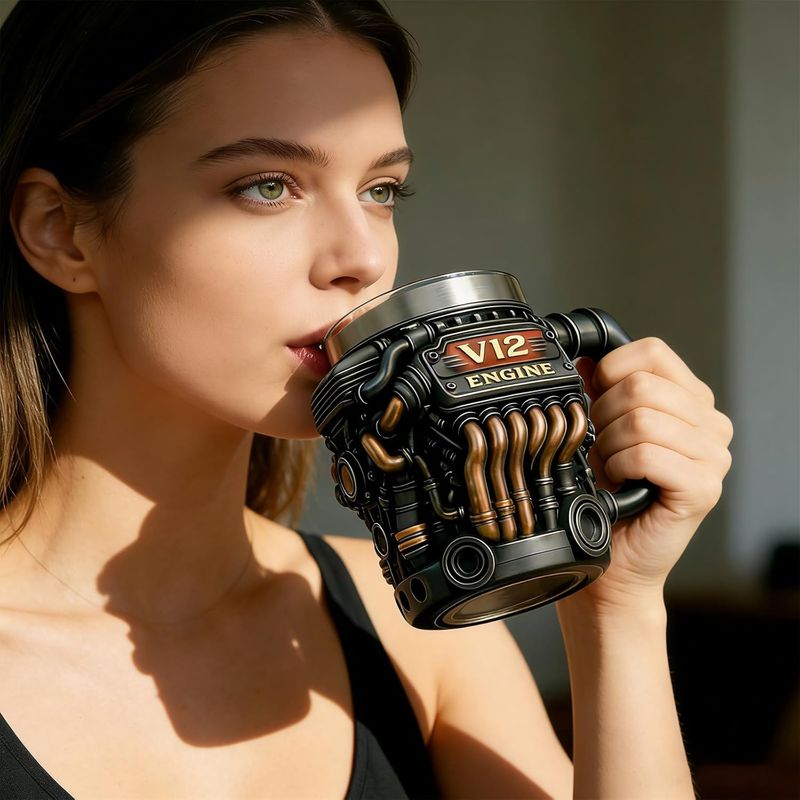 Kaffeetasse Mit V12-motor-motiv, Kaffeetasse Mit V12-motor-design, Kreative Tassendekoration, Milchbecherhalter, Kaffeetasse Mit Detailliertem Design, Geschenk Für Mechaniker (schwarz V12)