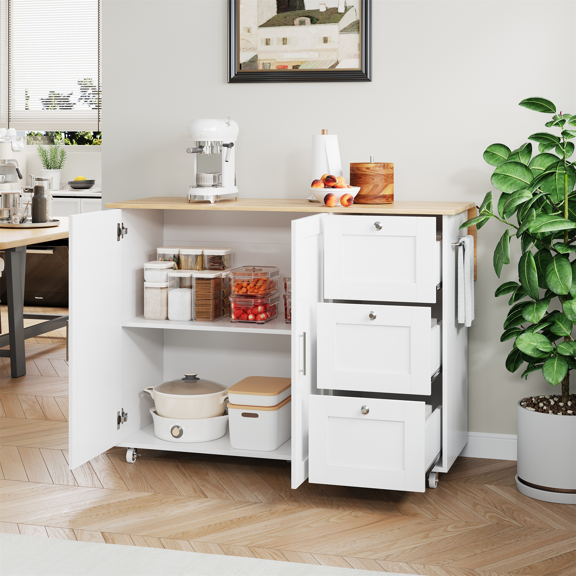 Mobile Kücheninsel 135 Cm Mit Klappbarer Eichenholz-arbeitsplatte–3 Schubladen + 2-türiger Schrank (verstellbare Böden)–handtuchhalter – 5 Rollen–für Küche & Esszimmer–weiß