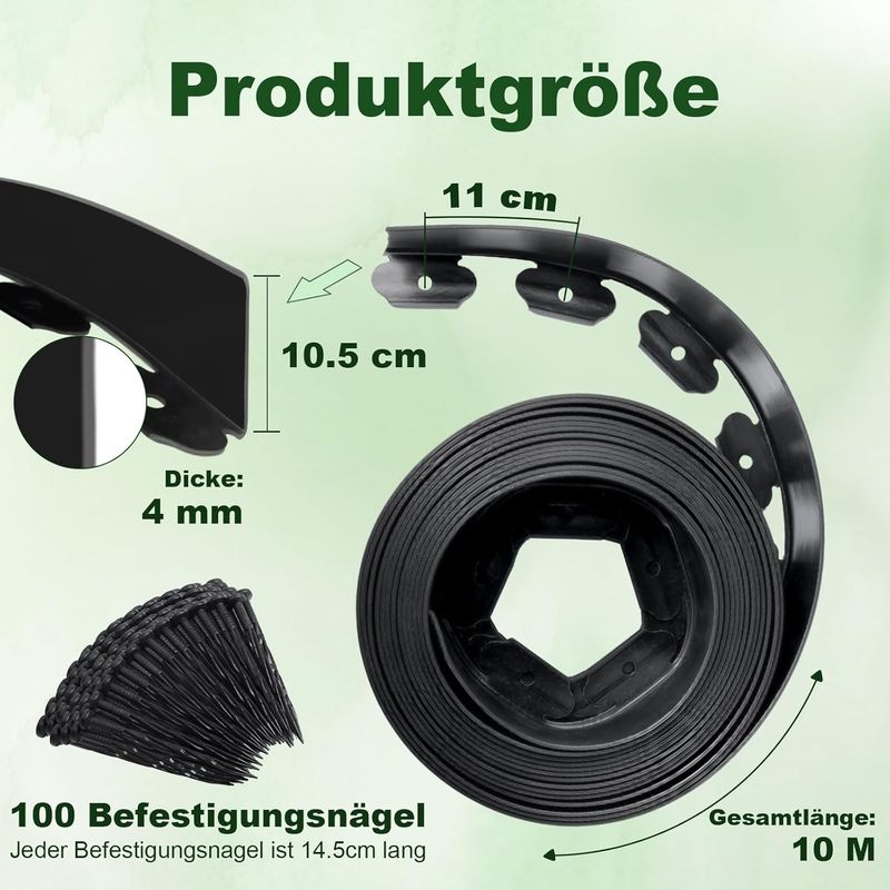 10 Meter Lange, Flexible Gartenbegrenzung Aus Kunststoff Für Den Außenbereich, 10 Cm Hoch, Mit 100 Befestigungspfählen, Gartenbegrenzung Zur Abgrenzung Von Rasenflächen, Wegen Und Blumenbeeten