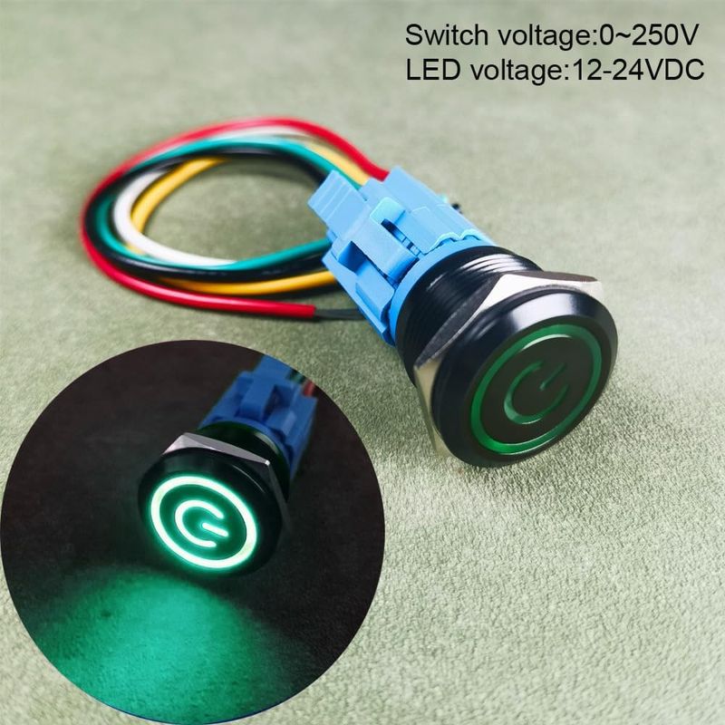 Gebildet 22mm Edelstahl-verriegelungs-drucktaster 12v-24v/5a Power Symbol 1no1nc Spdt Wasserdichter Wippschalter Mit Drahtbuchse (grüne Led/schwarzes Gehäuse)