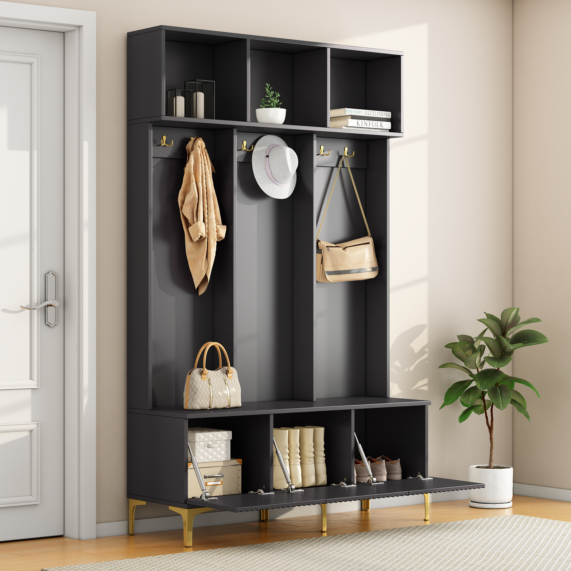 Eingangsmöbel, Garderobe Mit Bank, Schwarz, Kleiderstange Mit 6 Haken, Schuhaufbewahrung, Sicherheitsmechanismus, 120×40×191,5 Cm