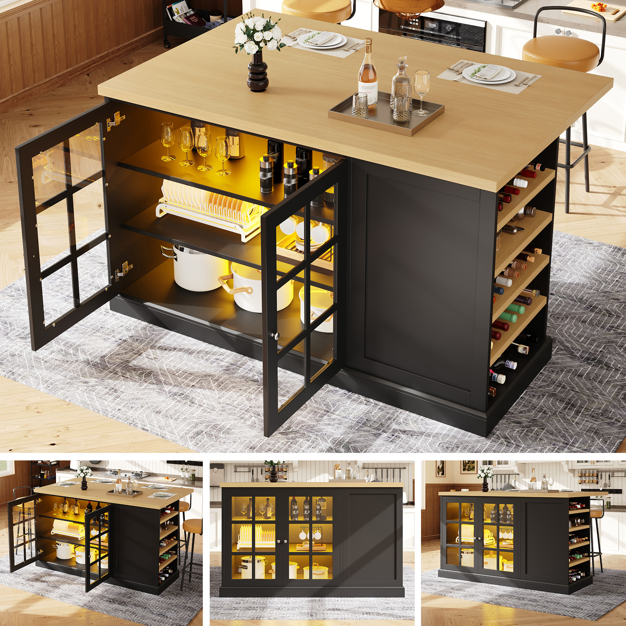 Multifunktionaler Klappbarer Bartisch Kücheninsel Mit Smart Led Farblicht, Schräges Weinregal & Aufbewahrungsschublade, Platzsparend Für Kleine Wohnungen, Usb-betrieb