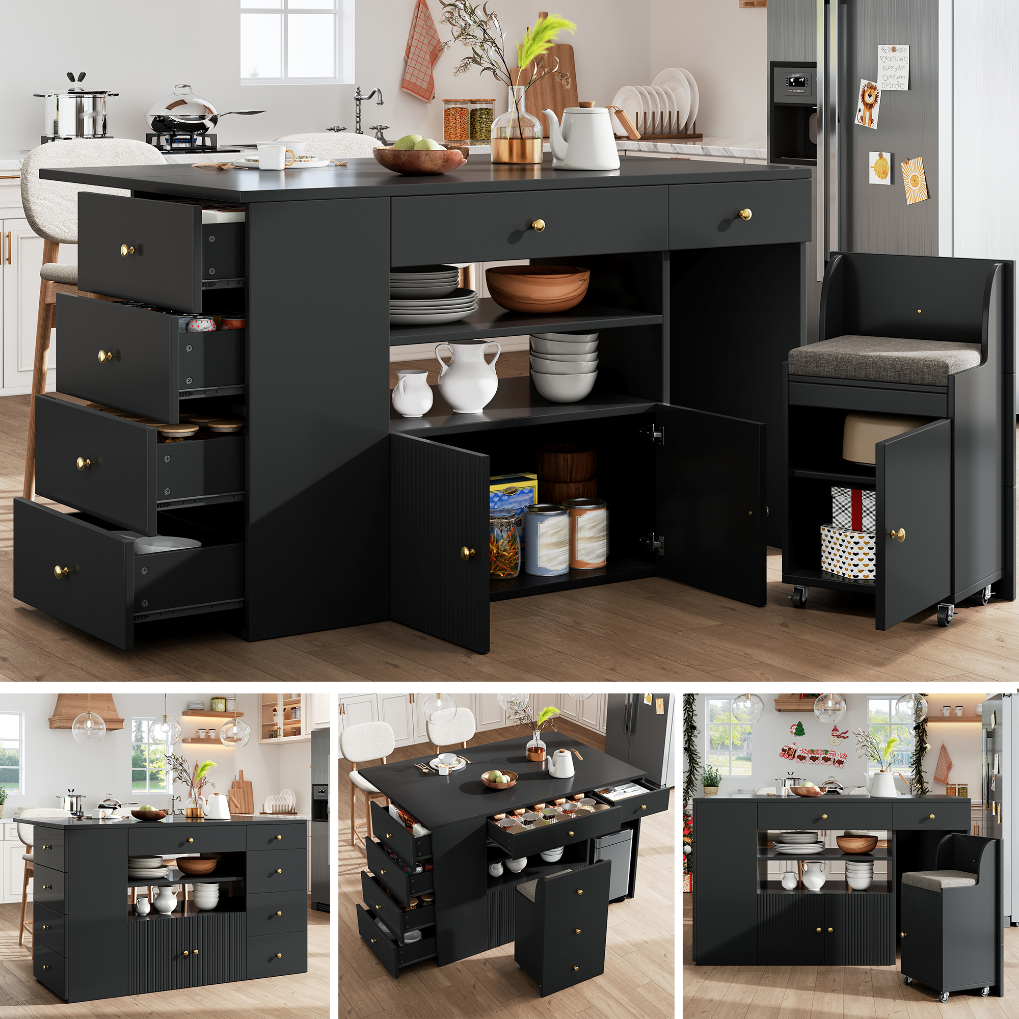 Schwarze Kücheninsel, Küchenbuffet Mit Ausziehbarer Platte, 6 Schubladen & Schrank & Regalböden, Gepolsterter Hocker Mit 2 Integrierten Staufächern, 140×40(70)×89 Cm