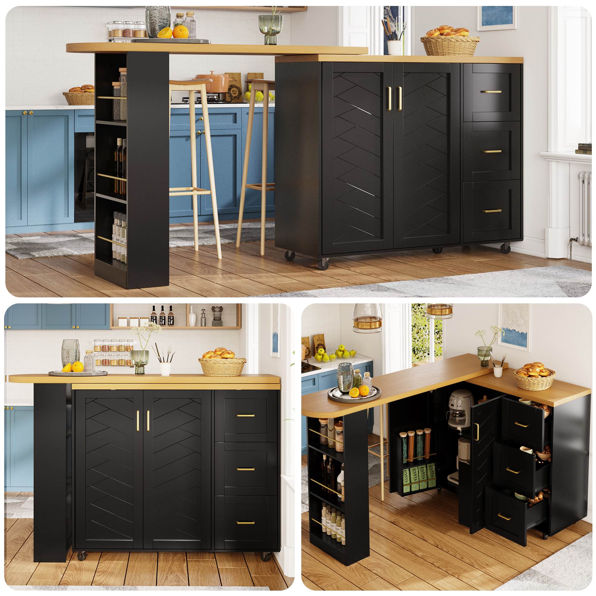 Ausziehbare Schwarze Kücheninsel 135-228 Cm, Fahrbarer Buffet Mit 2 Türen, 3 Schubladen + Seitenkorb, Tischplatte Mit Holzoberfläche