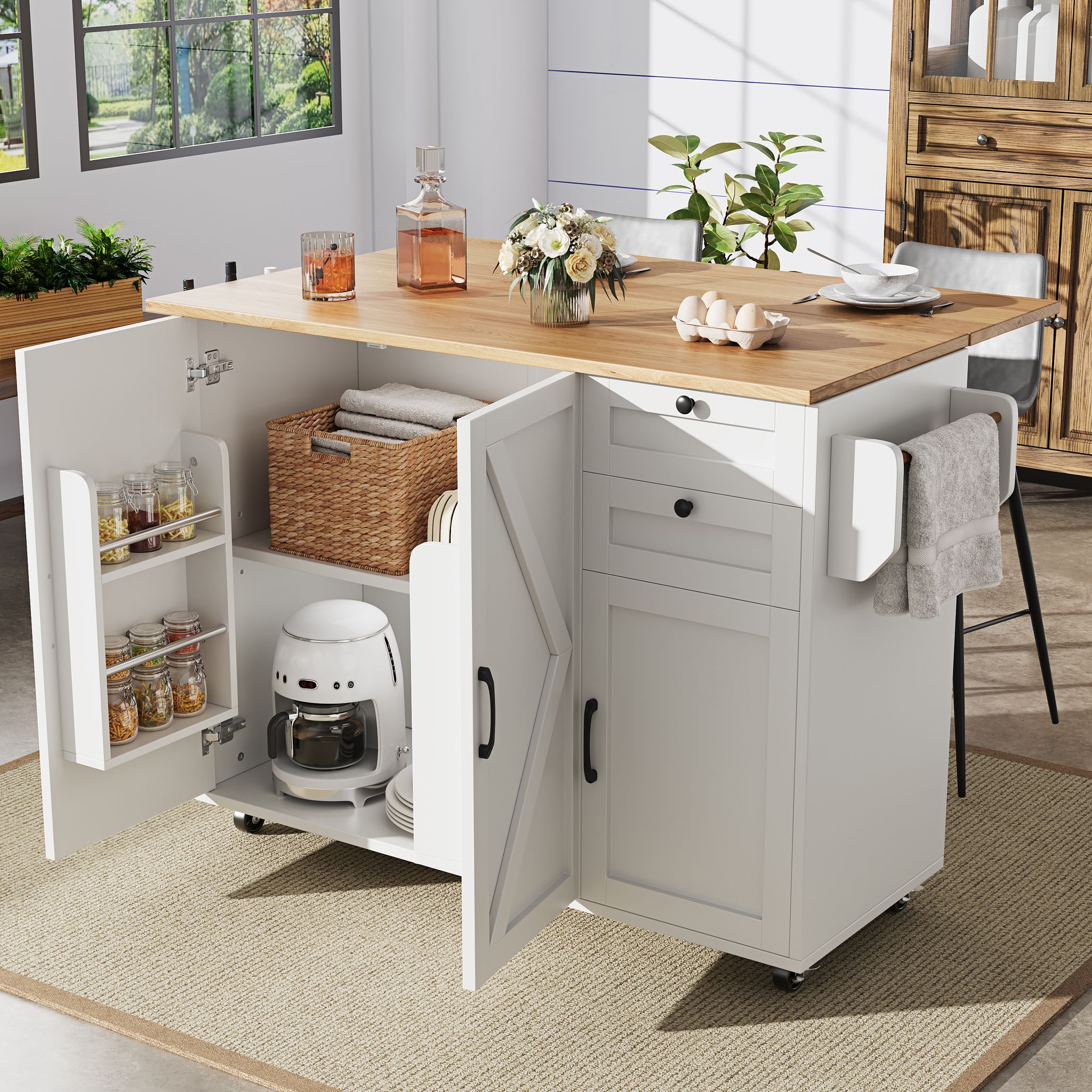 Kücheninsel, Fahrbarer Küchenbuffet Mit Ausziehbarer Platte, 2 Schubladen & Modularer Stauraum, 120 X 43(71) X 92 Cm, Weiß